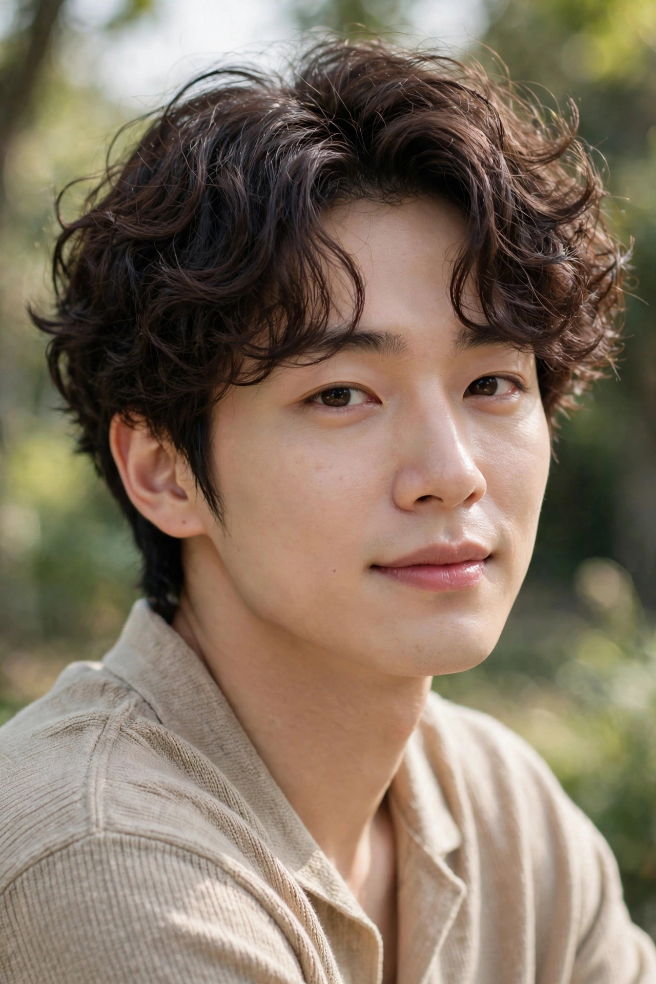 young East Asian man with Korean-style soft volume perm, airy natural curls, soft daylight, premium portrait, no text