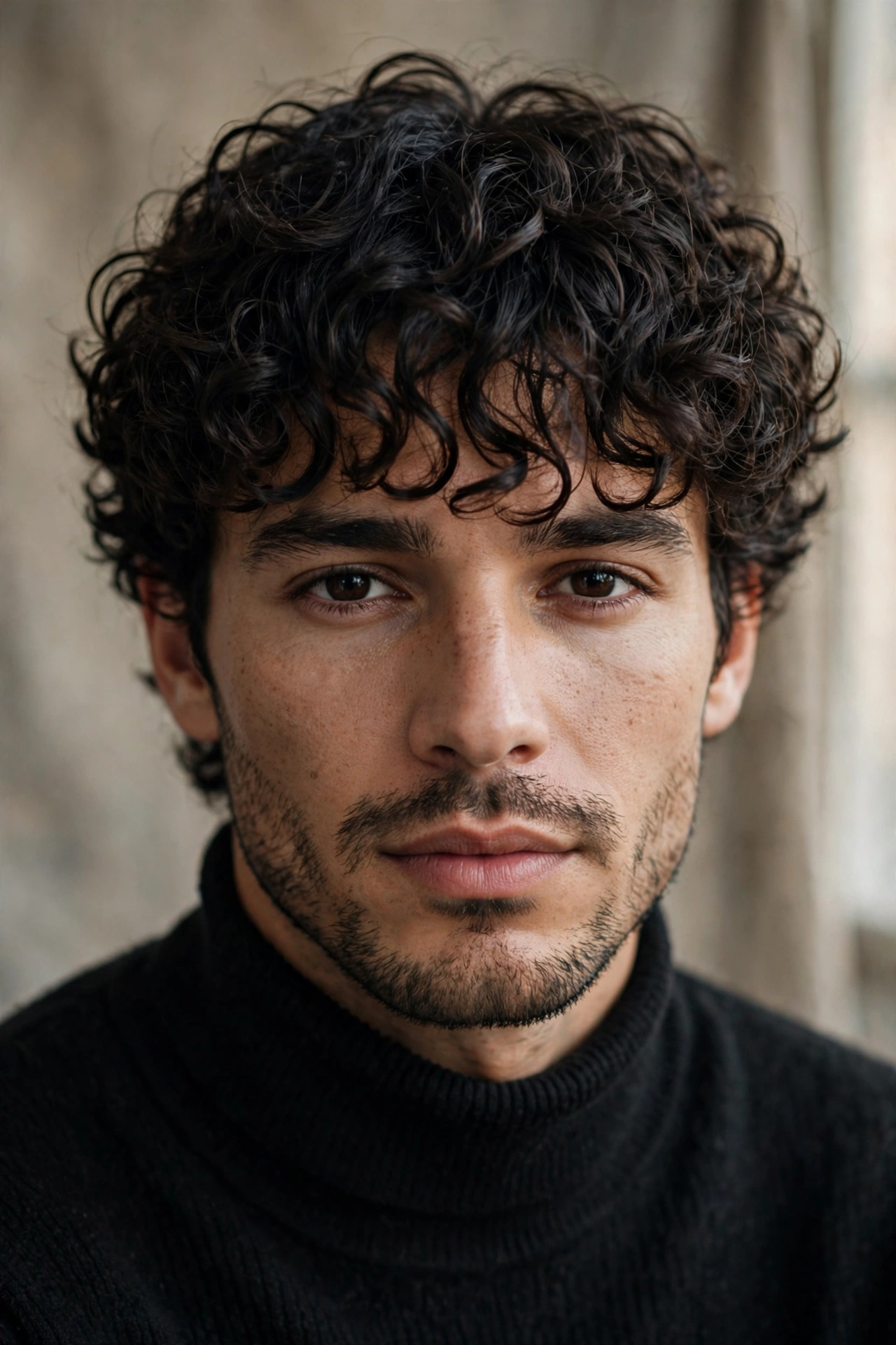 man with curly fringe perm, defined curls falling forward over forehead, stylish portrait, premium photography, no text