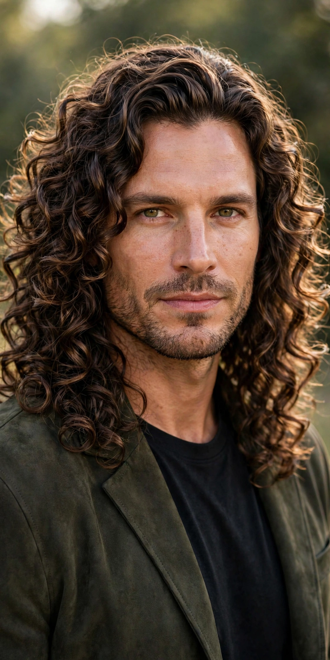 man with long shoulder-length permed hair, flowing defined curls, confident portrait, premium photography, no text