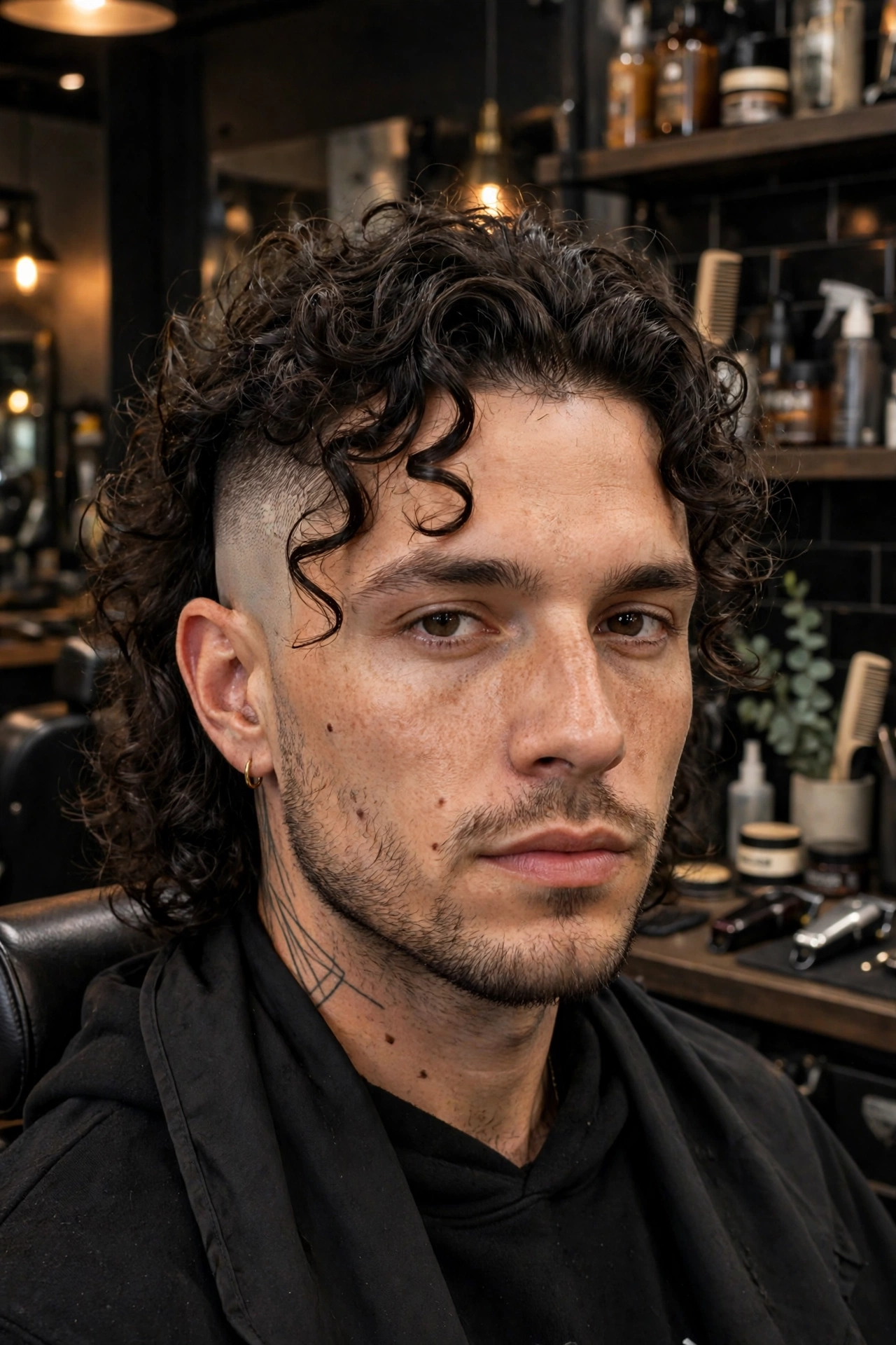 man with permed top and disconnected undercut, long curls over very short sides, edgy modern barbershop photo, no text