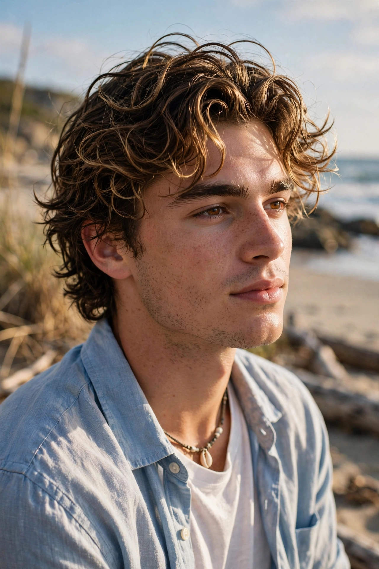 young man with beach wave perm, tousled sun-kissed wavy curls, outdoor natural light, surf-inspired, premium photography, no text