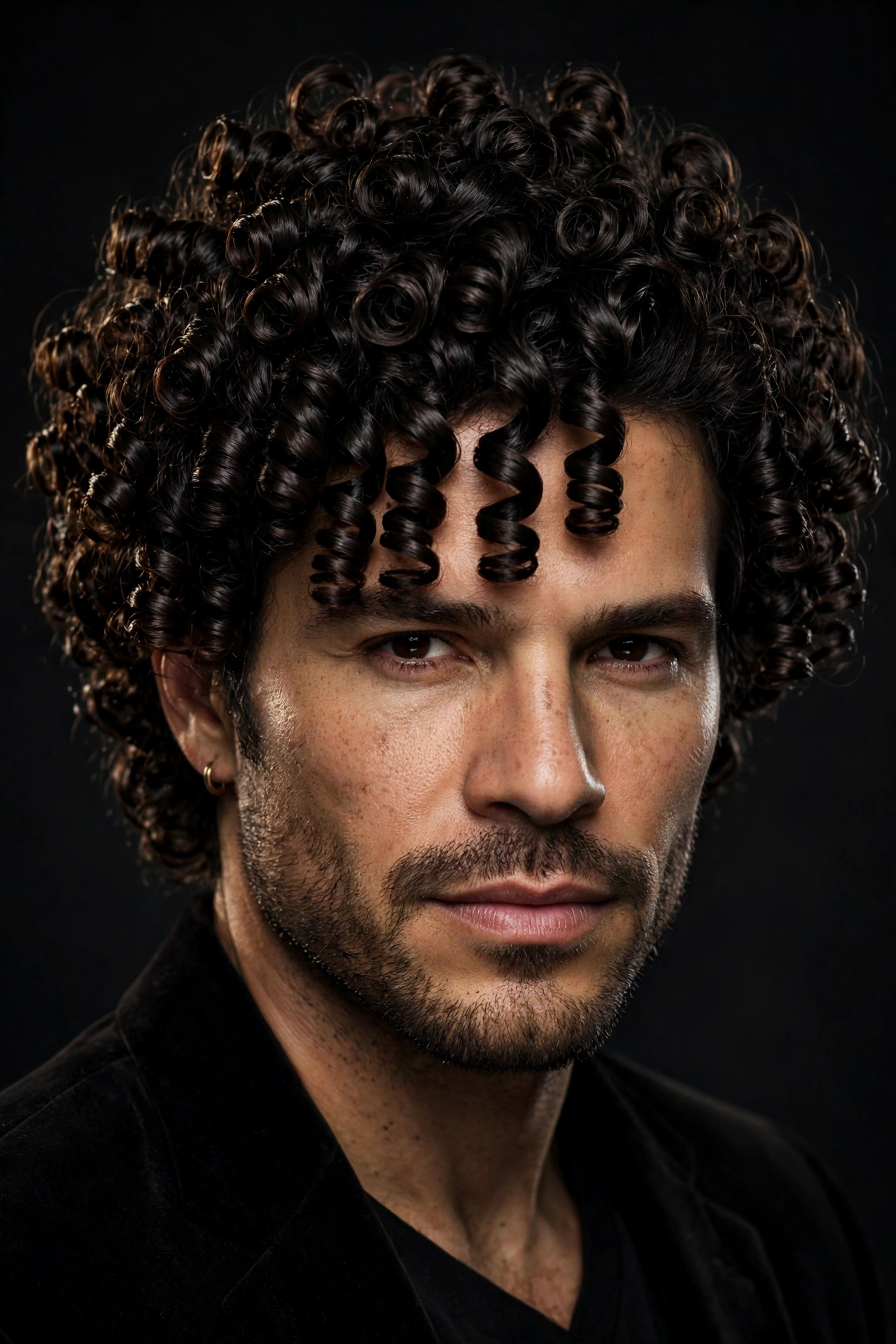 man with bold spiral perm, tight defined ringlets all over, dramatic confident portrait, premium studio photography, no text