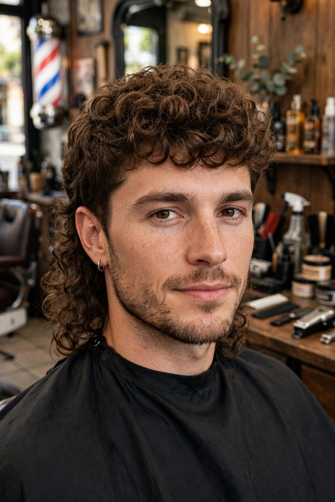 man with permed mullet, curly top flowing into longer curly back, modern mullet style, barbershop portrait, no text