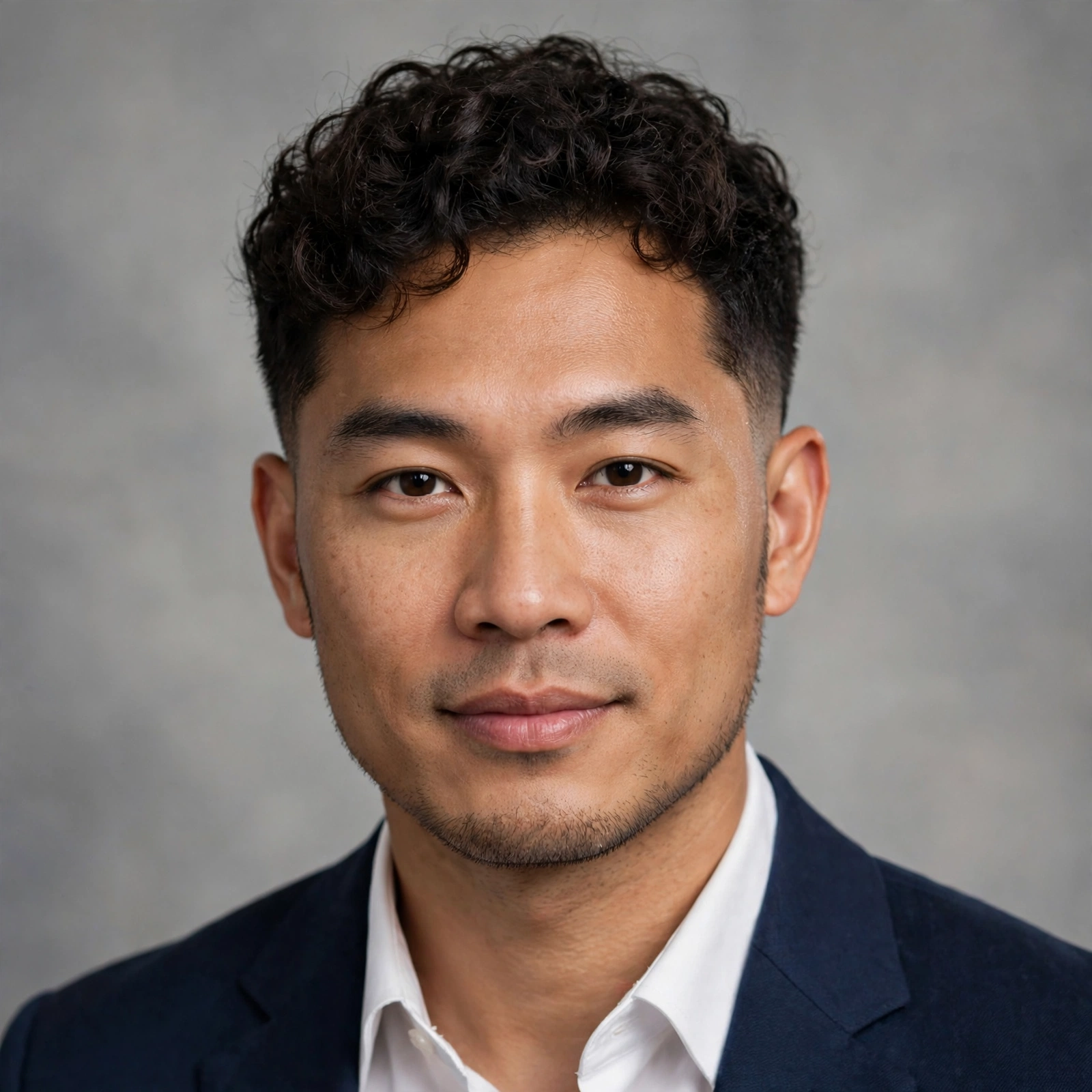 man with perm and soft tapered sides, natural neckline, clean professional portrait, premium photography, no text