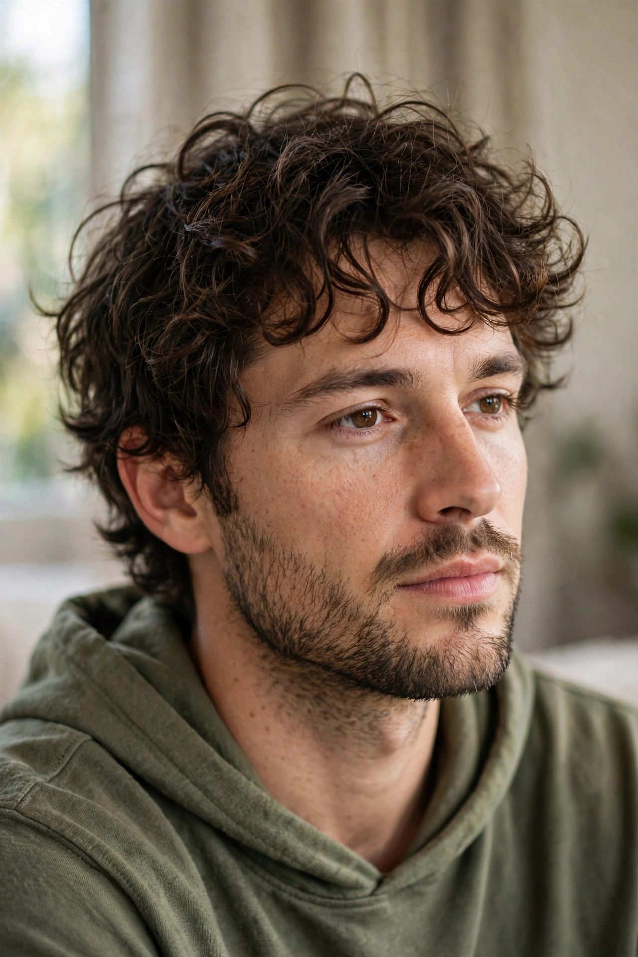 man with messy tousled perm, casual bedhead curls, relaxed premium photography, natural light, no text