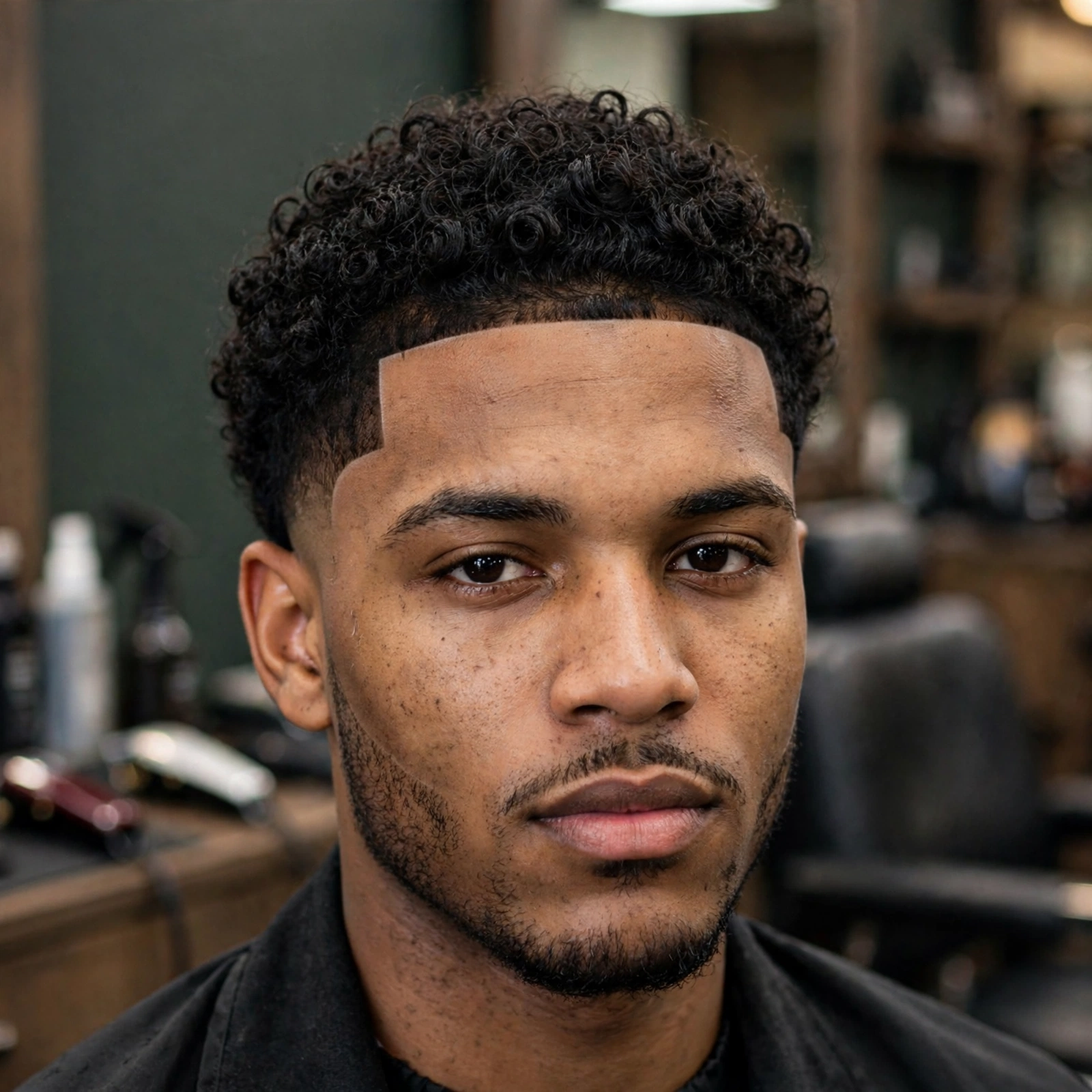 man with perm and sharp lineup edges, crisp defined hairline, fresh barbershop portrait, no text