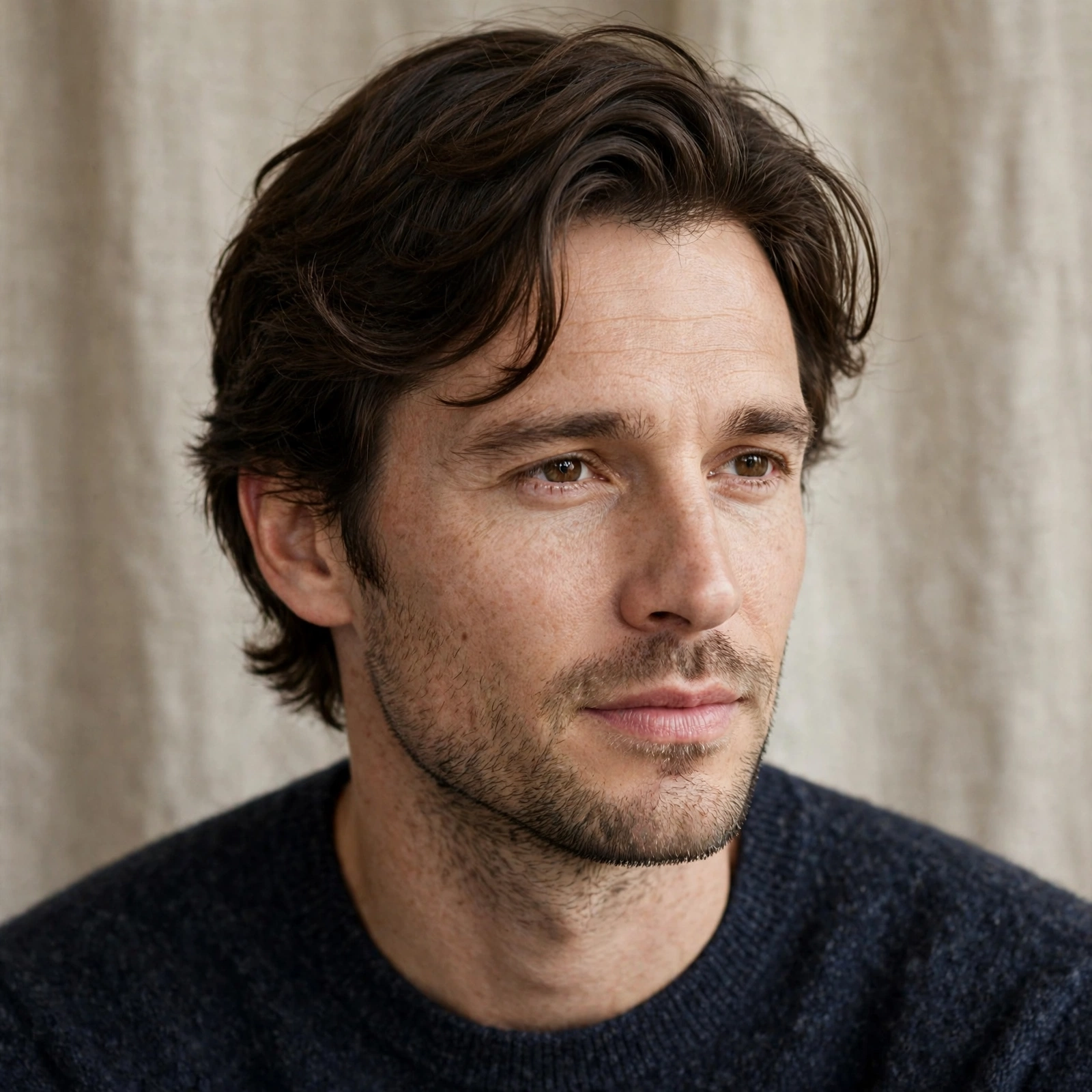 man with subtle body perm, naturally straight hair with soft movement and light wave, understated premium portrait, no text