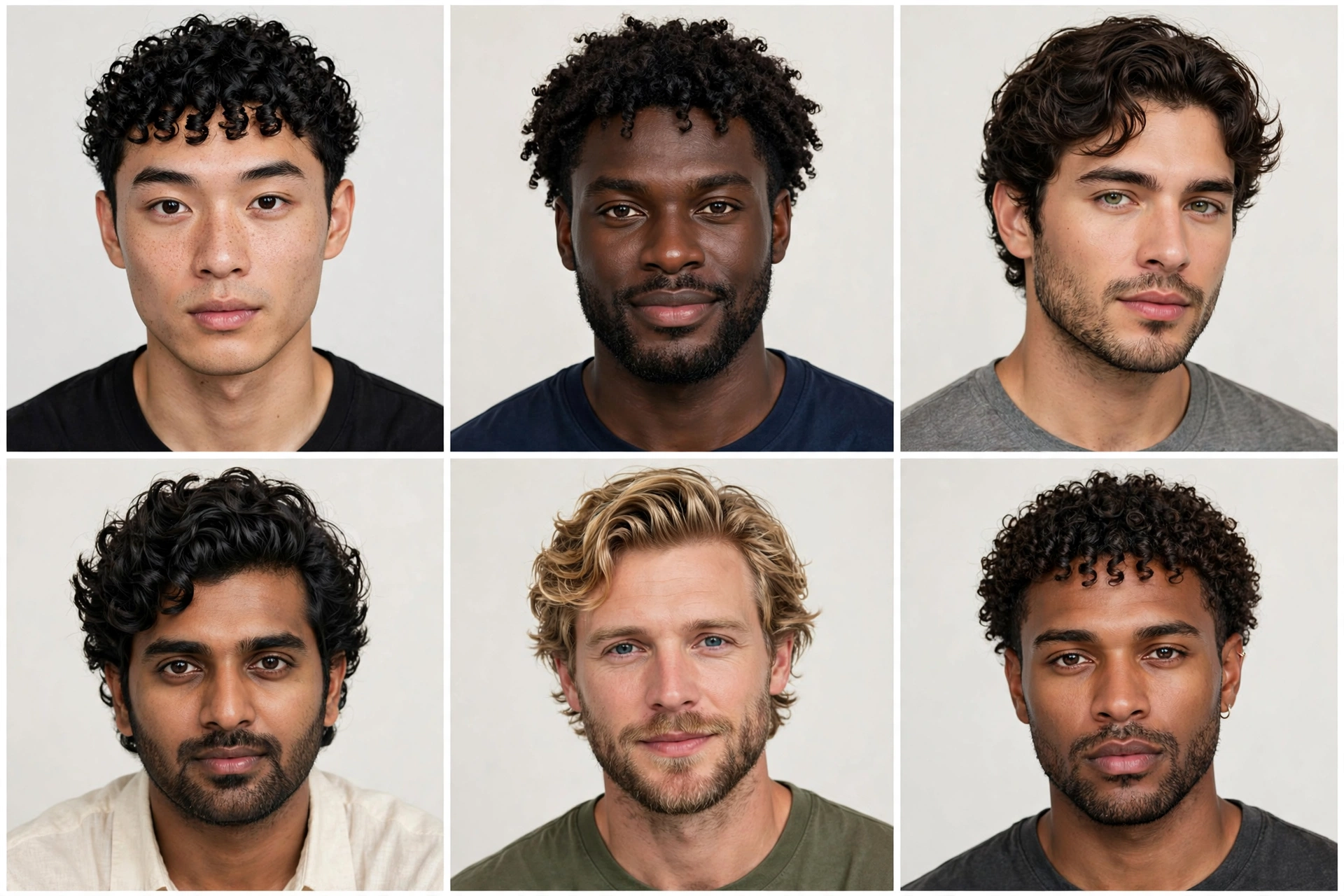 collage-style arrangement of different men's perm variations on diverse male models, curls and waves and texture, premium photography, clean background, no text