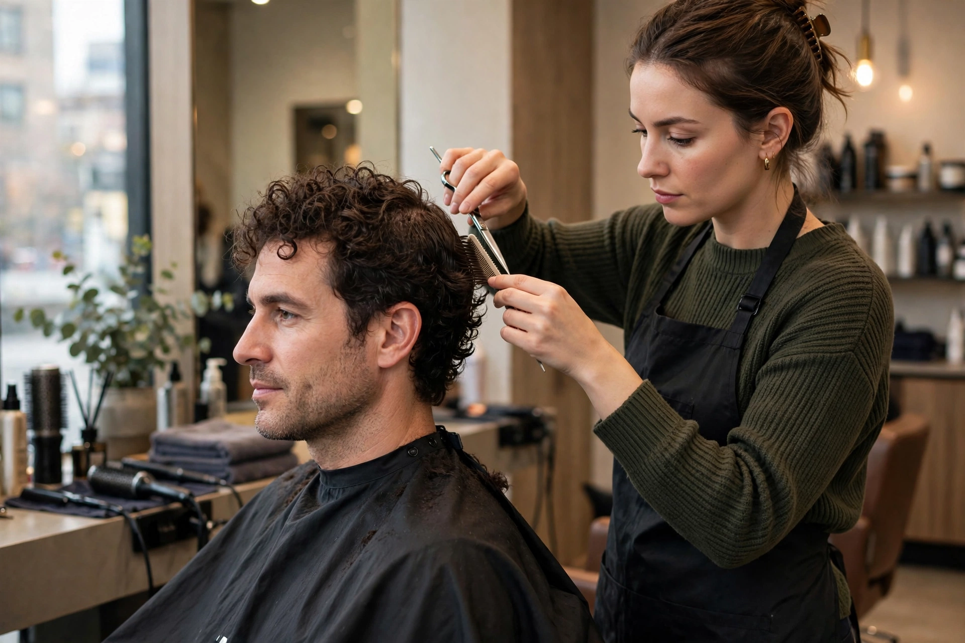 stylist trimming a man's permed hair with scissors in salon, maintenance appointment, professional photography, no text