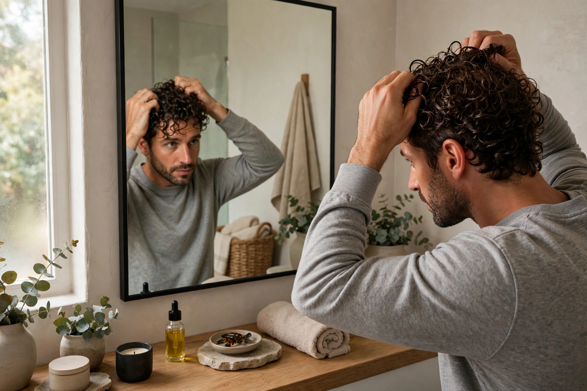 man styling his permed curly hair at home in front of mirror, scrunching curls with hands, premium lifestyle photography, no text