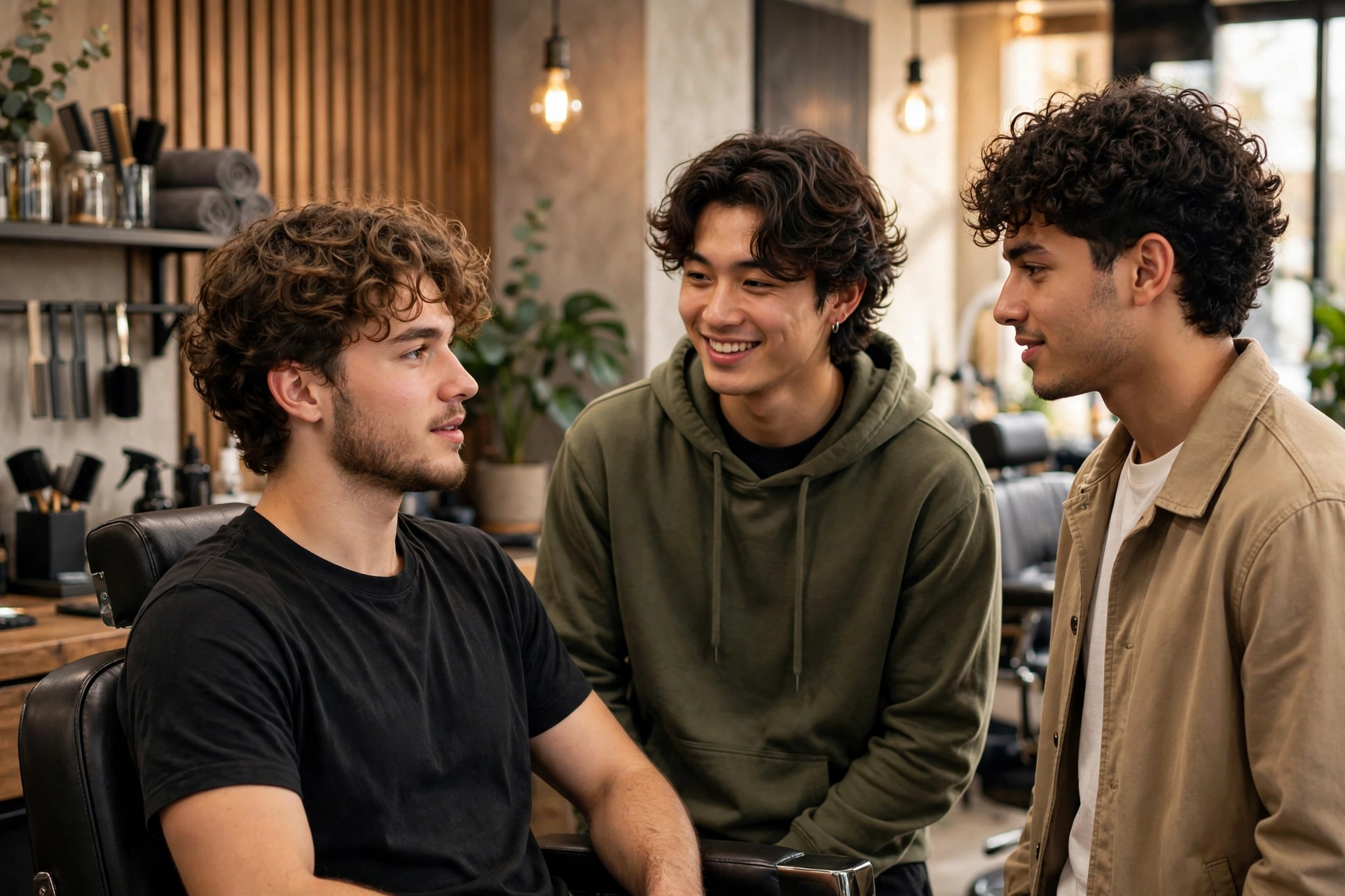 modern barbershop scene in 2026 with young men sporting permed hairstyles, loose curls and wavy perms, warm light, premium photography, no text