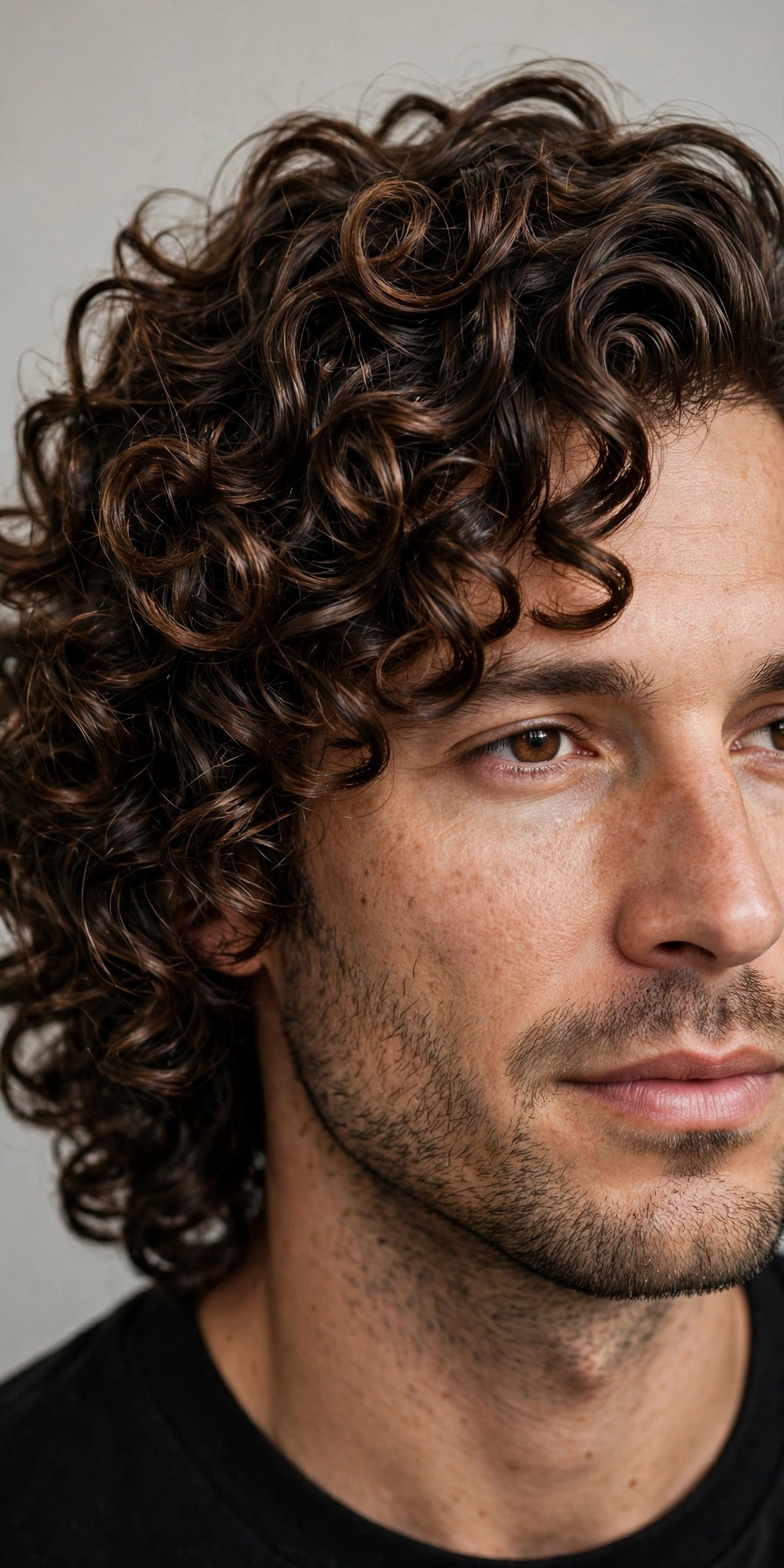 close portrait of a man showing permed hair texture, medium-length defined curls with natural shine, hair as hero, premium salon photography, neutral background, no text