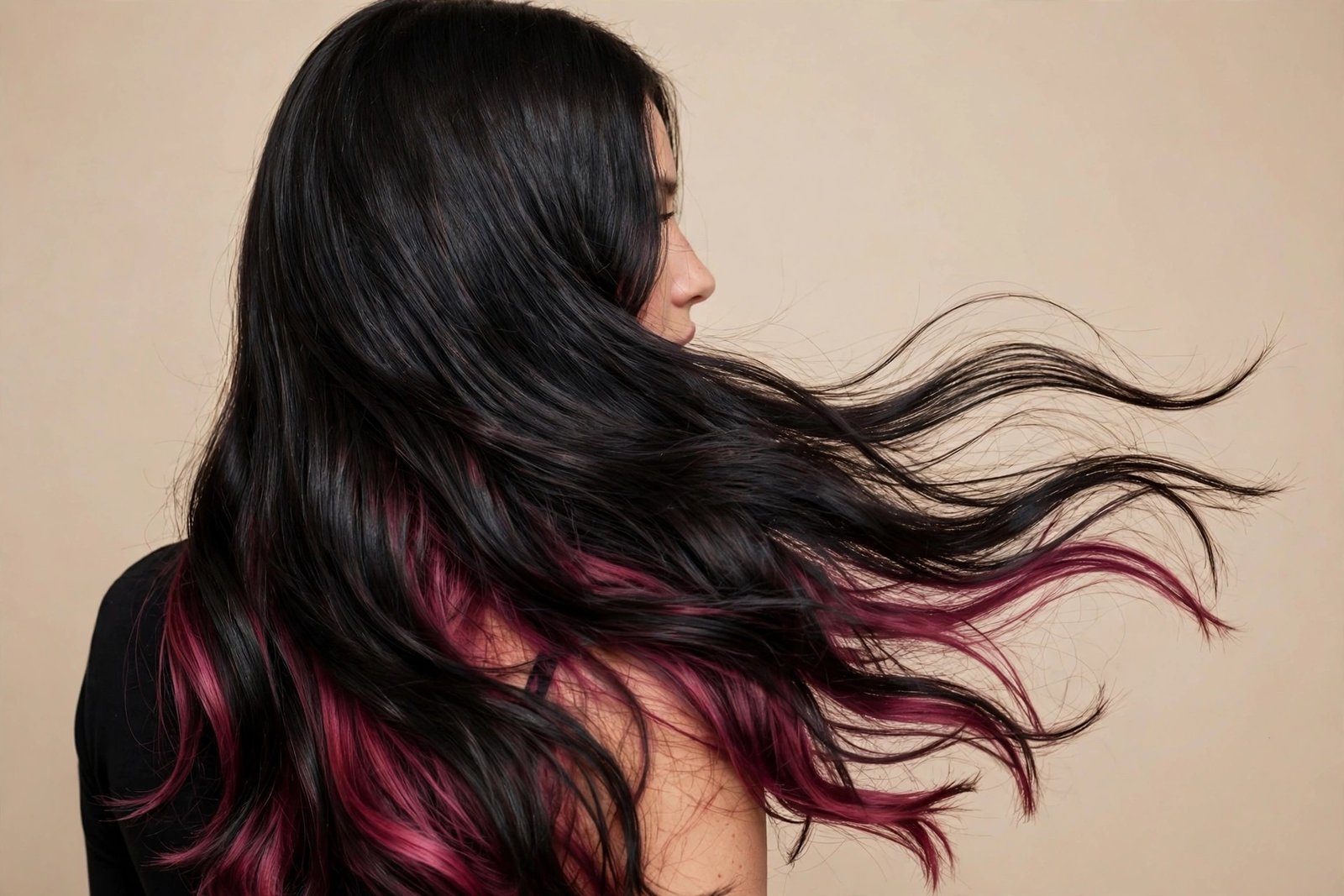 Long black hair with deep dark pink peekaboo panels underneath