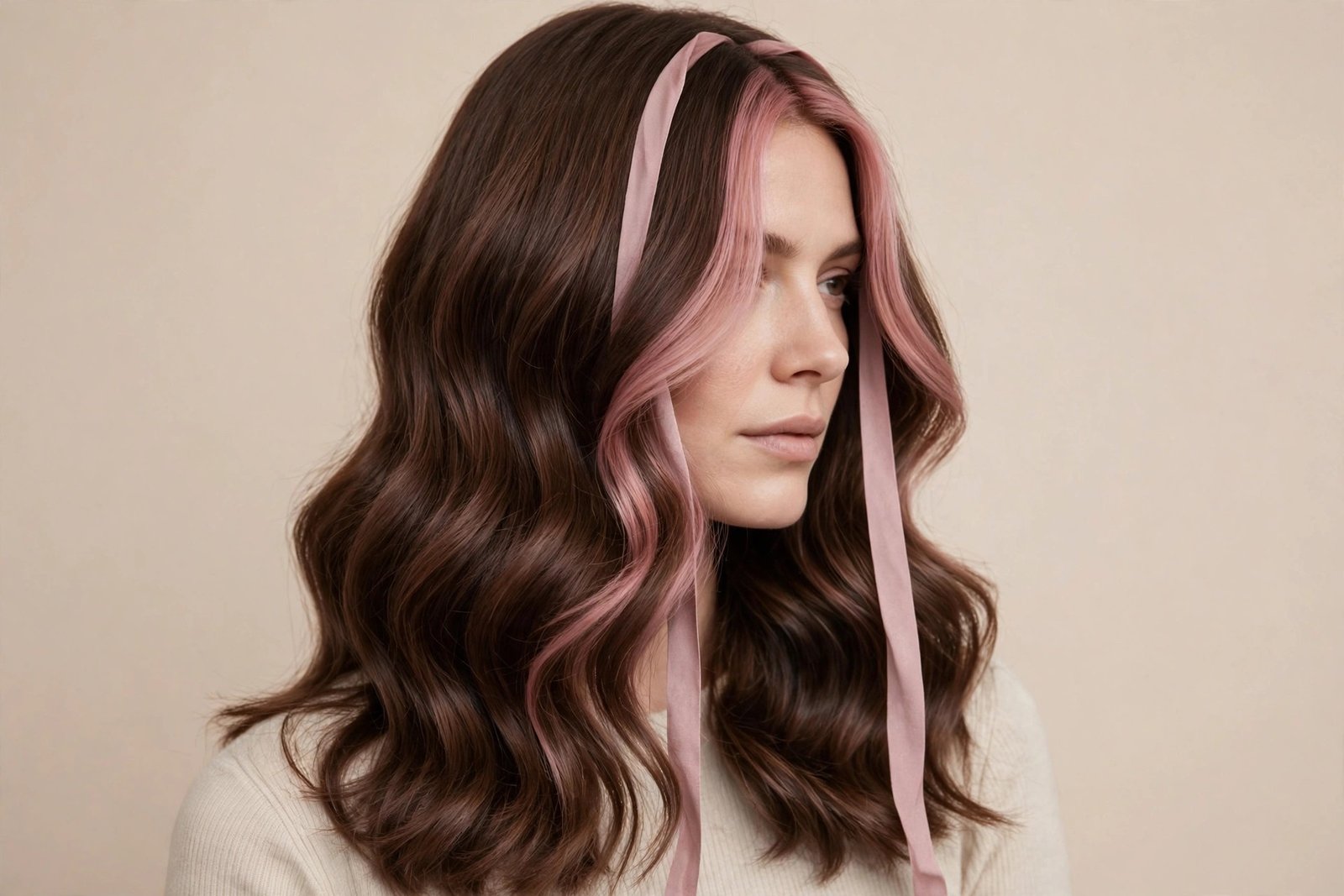 Medium brown hair with dusty rose money piece highlights framing the face
