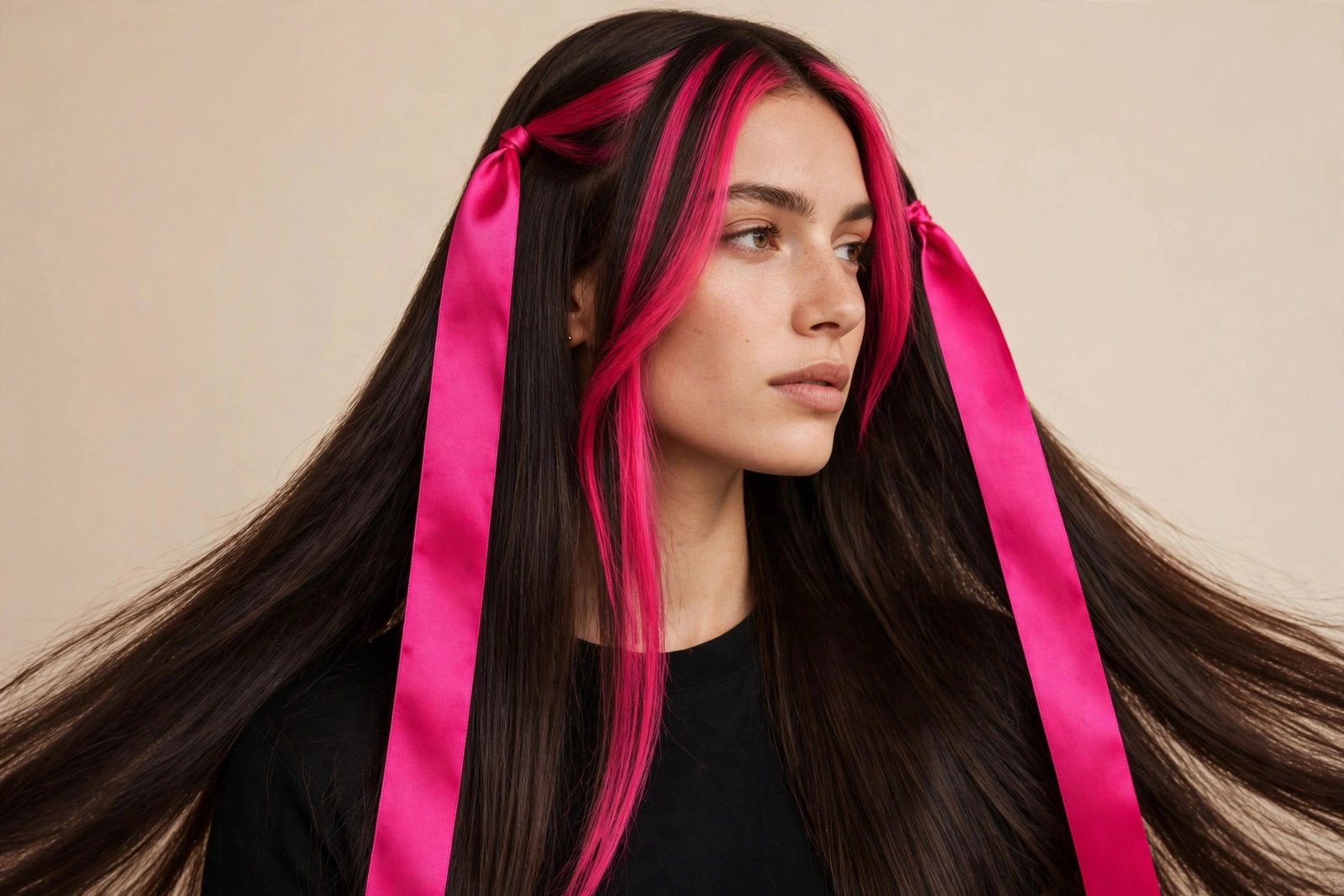 Long dark hair with bold hot pink face-framing stripes