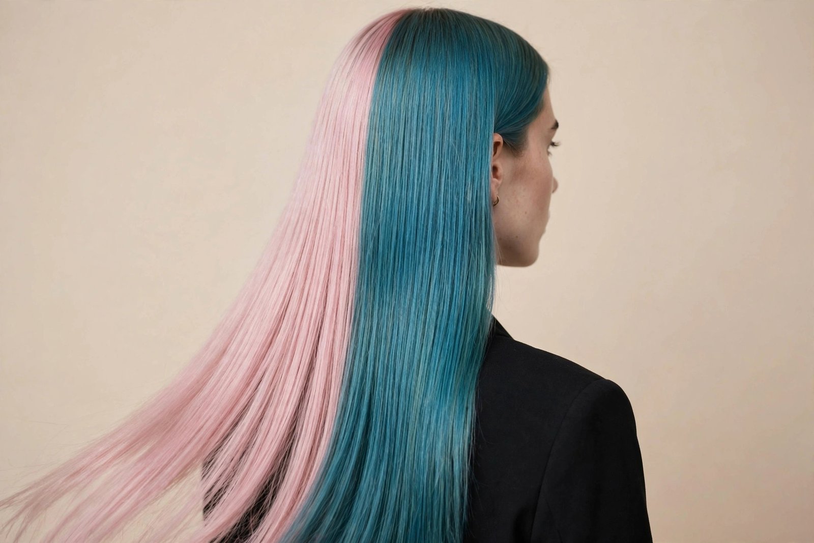 Split dye hair with pastel pink on one side and teal on the other