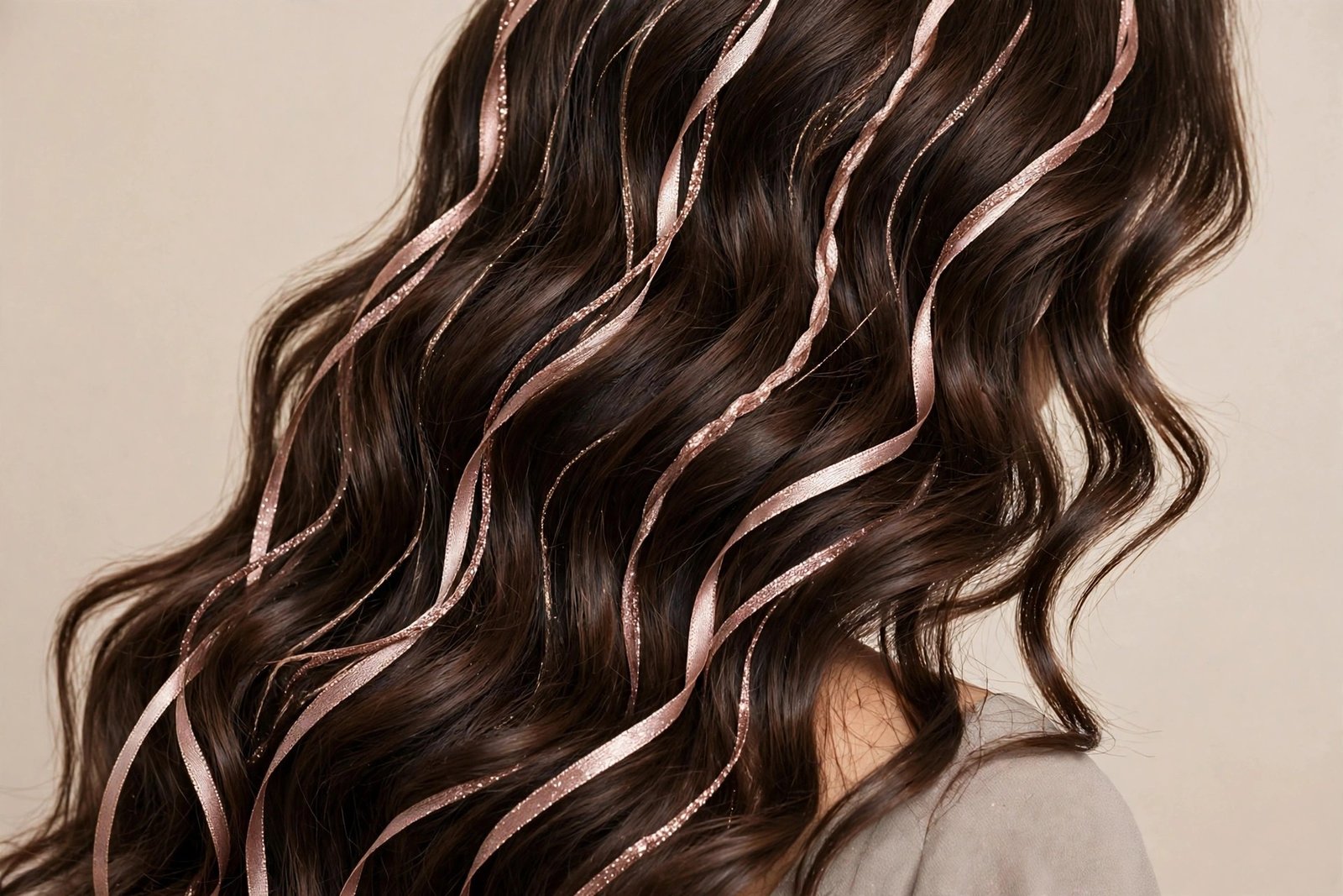 Long brunette waves with rose gold ribbon streaks