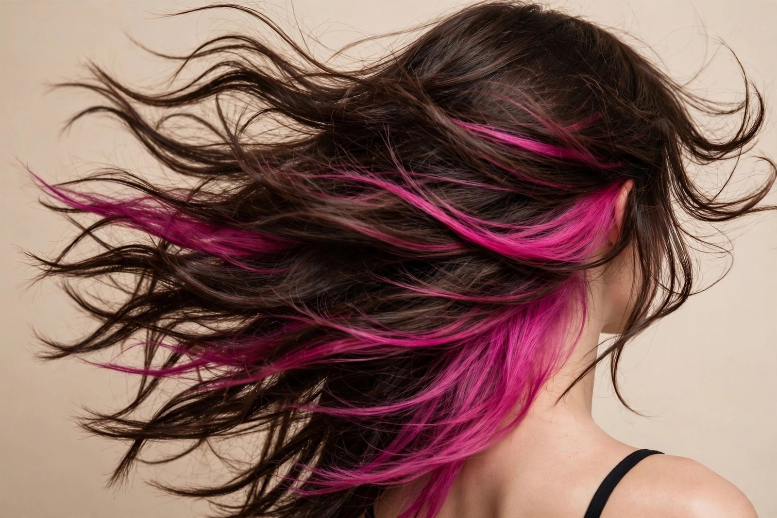 Dark hair in motion revealing vivid magenta hidden panels