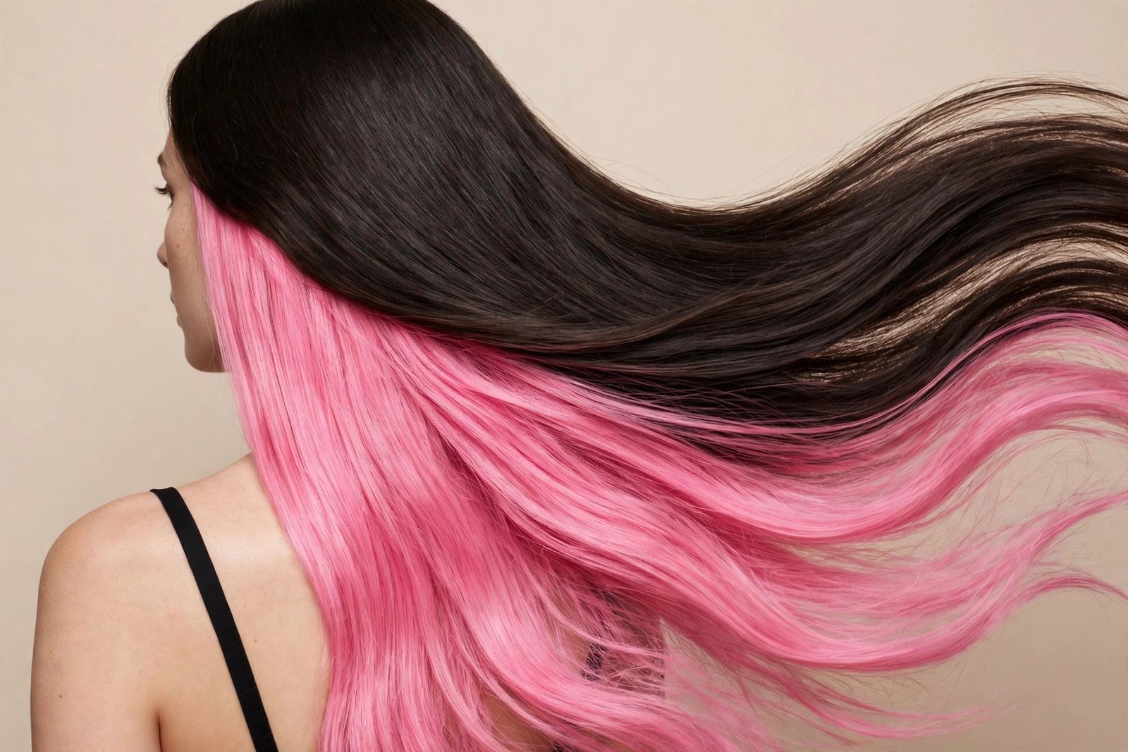 Long straight dark hair with bubblegum pink peekaboo underneath