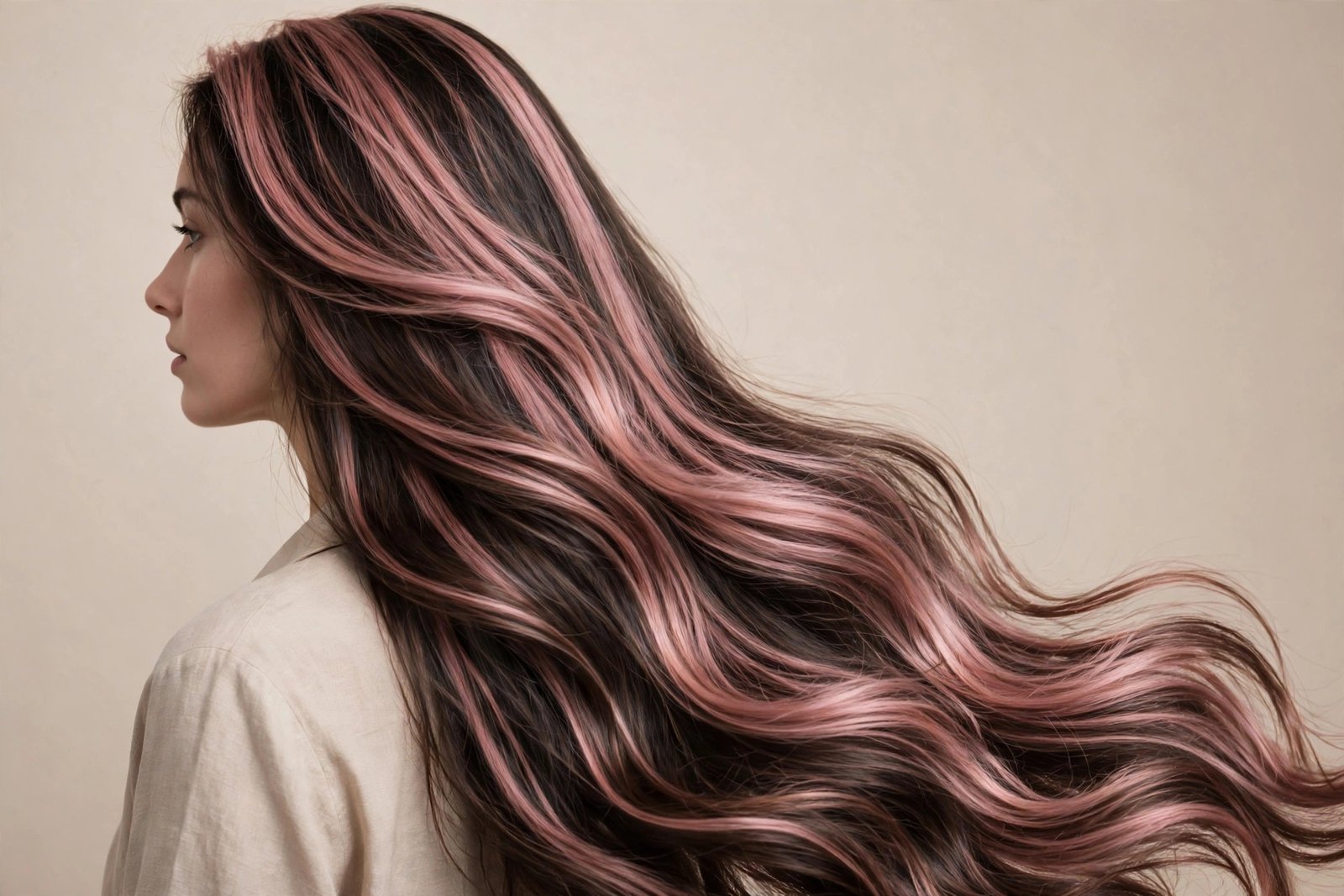 Long layered hair with soft rose waterfall highlights