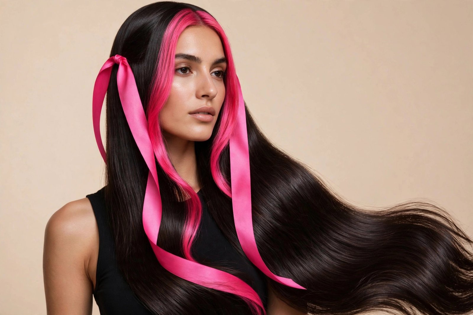 Deep brunette hair with vivid pink money pieces framing the face