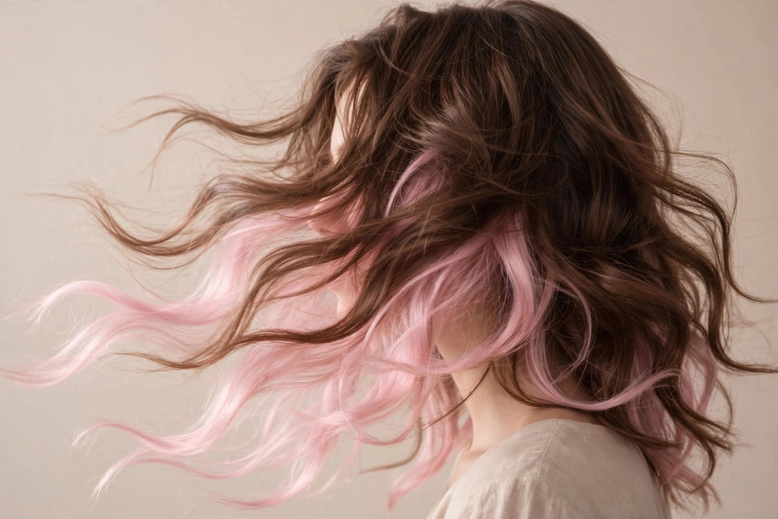 Wavy medium-length hair with cotton candy pink underlights