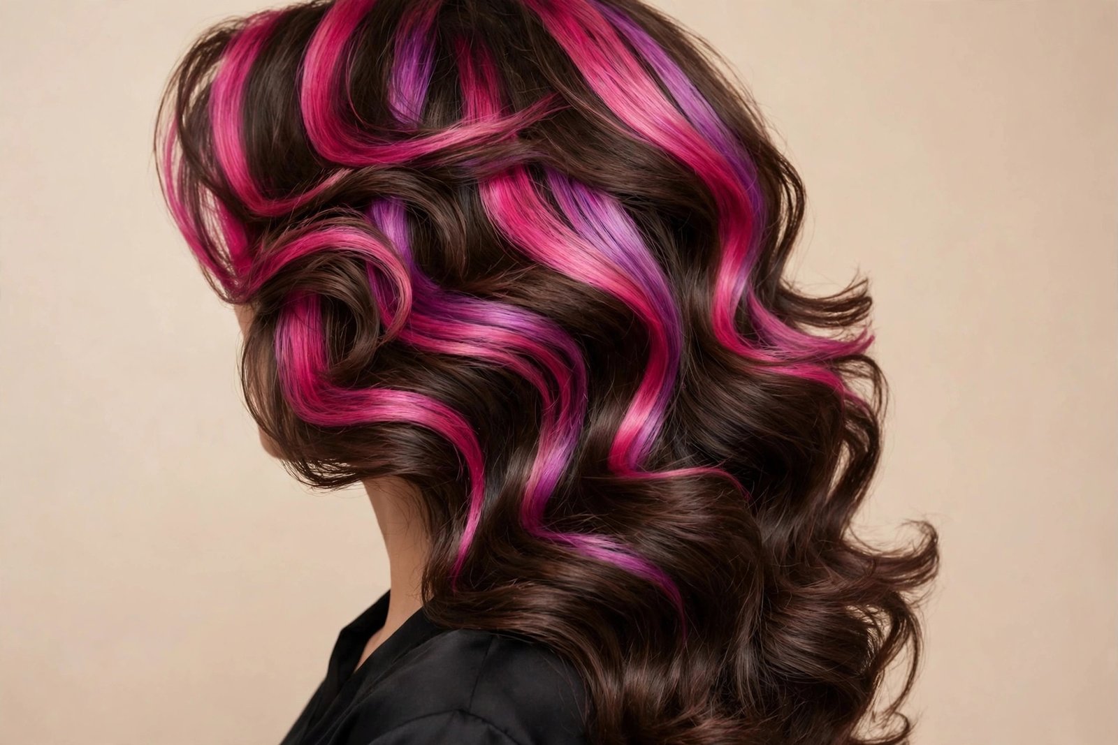 Dark brown hair with fuchsia chunky highlights