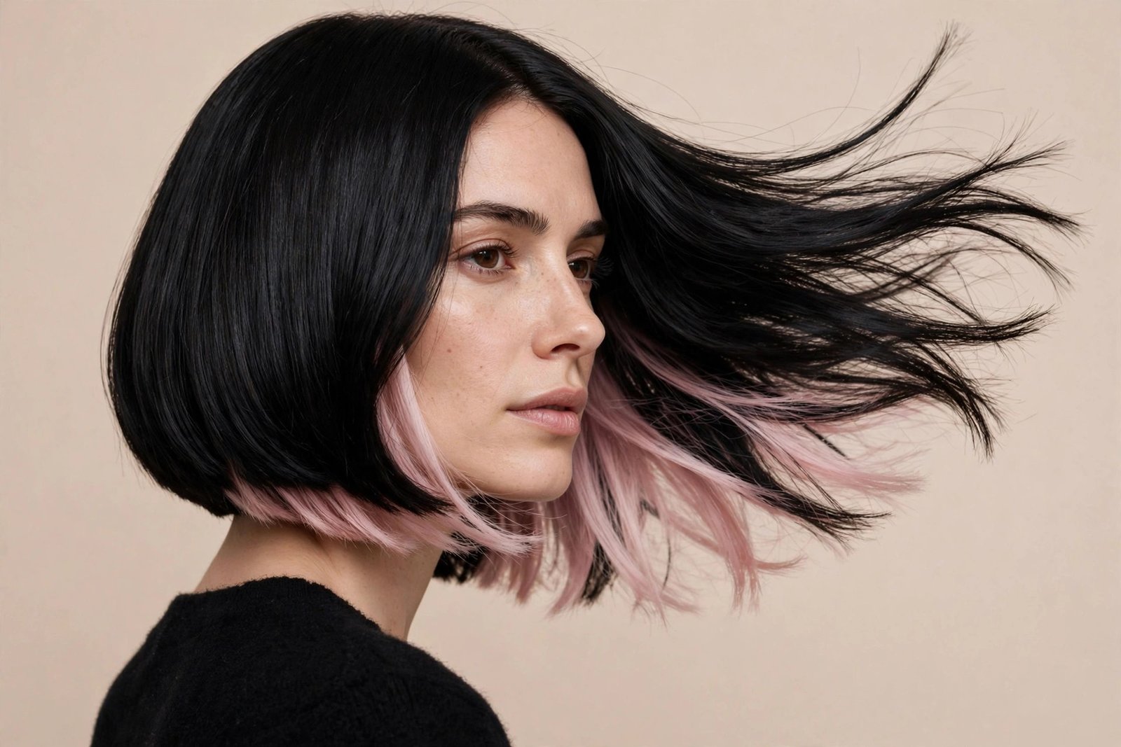Black bob with cherry blossom soft pink peekaboo