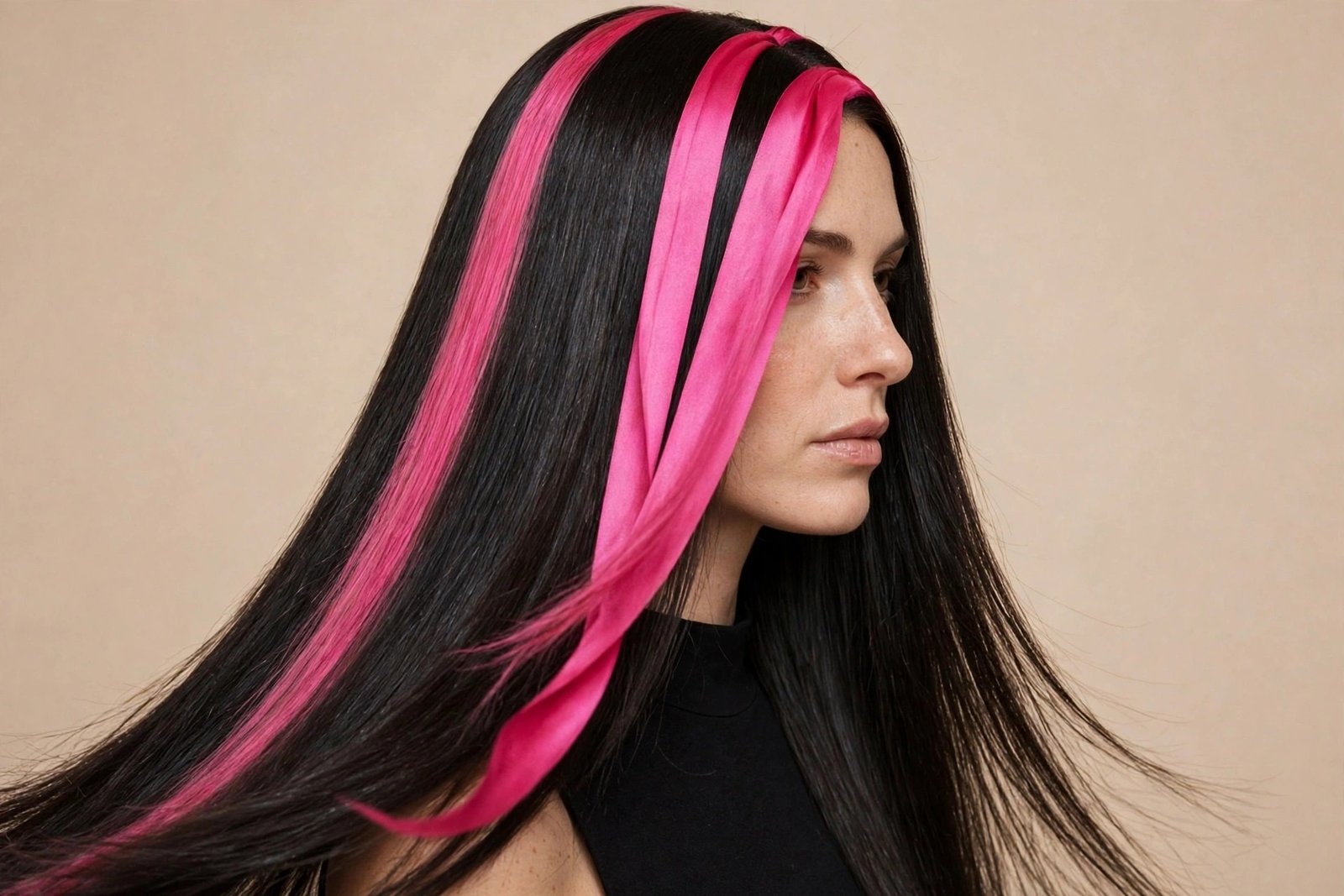 Dark hair with bold pink skunk stripe at the front hairline