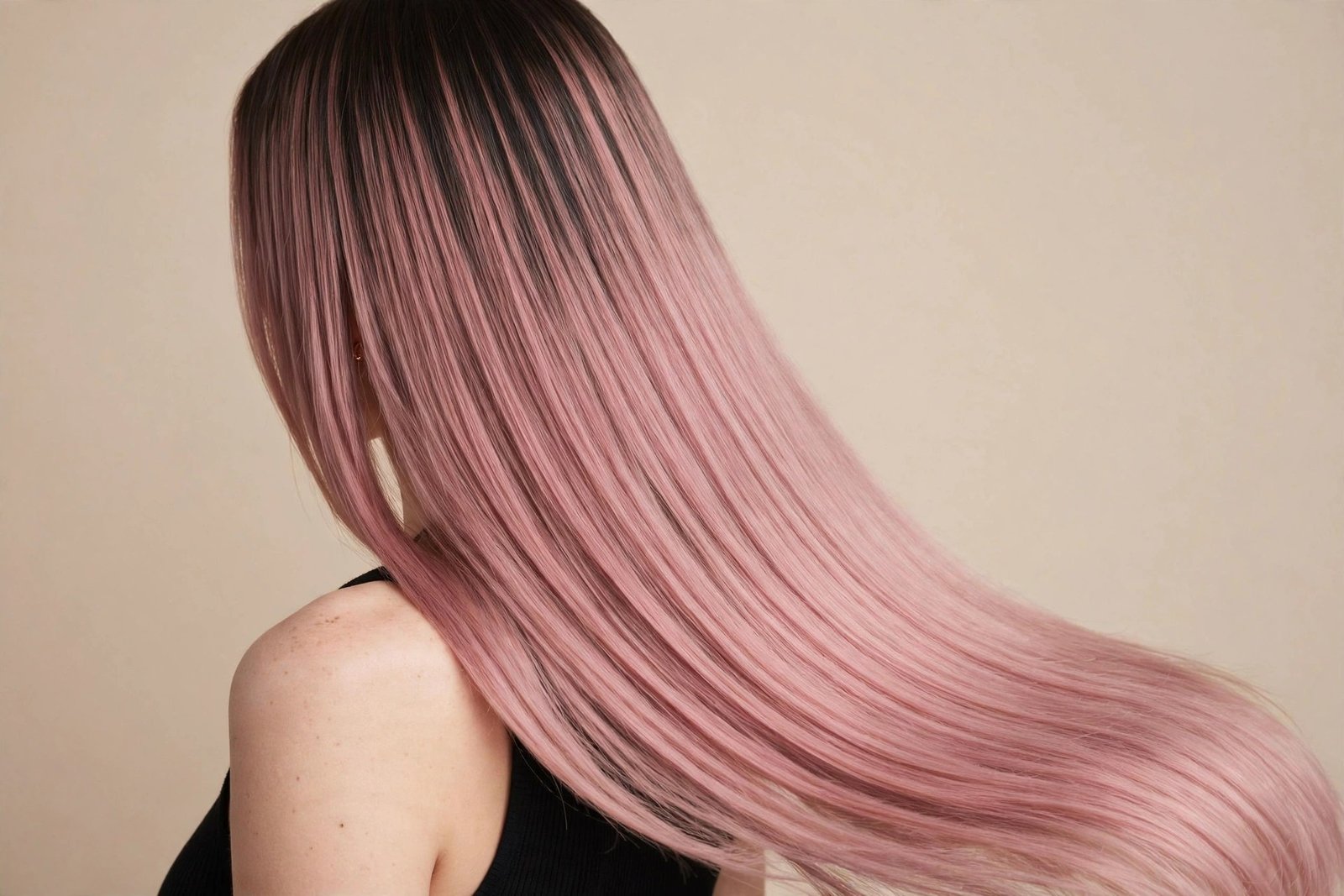 Long hair with dusty rose root melt blending into darker roots