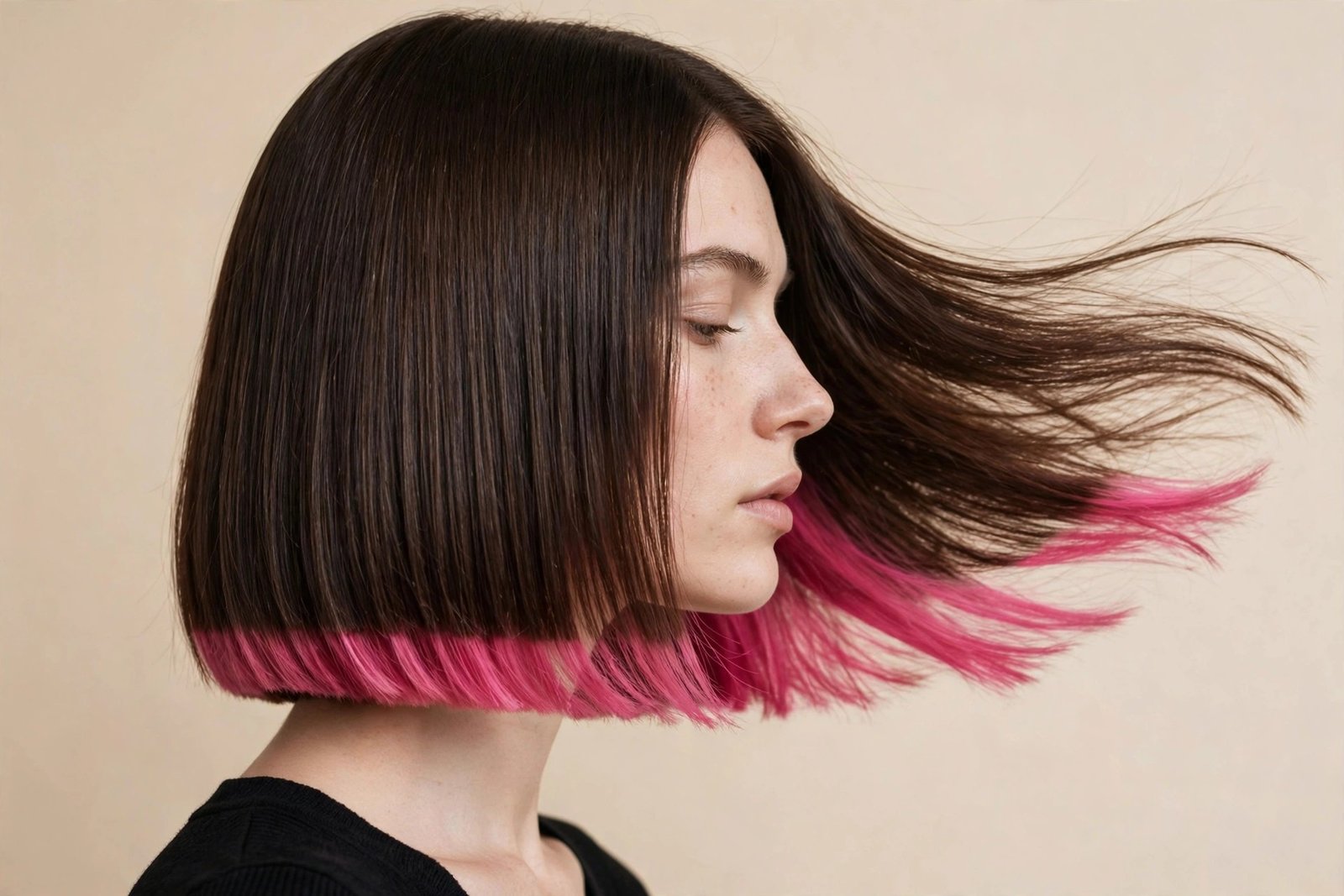 Pink peekaboo lob haircut with pink underlayer showing at the ends