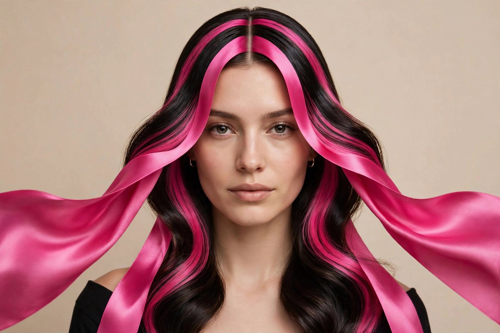 Center-parted dark hair with electric pink curtain stripes