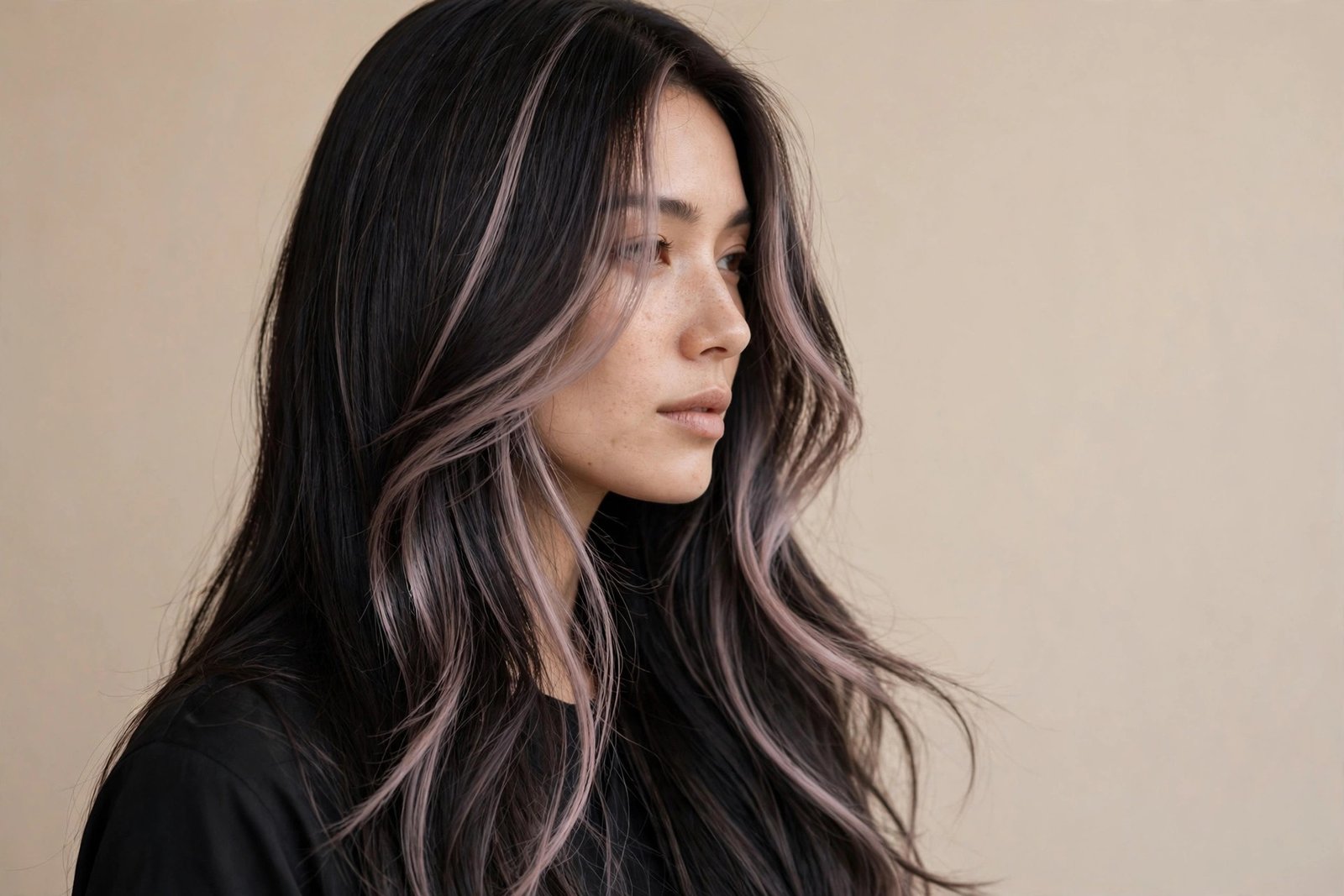 Dark hair with muted smoked ash-pink pieces