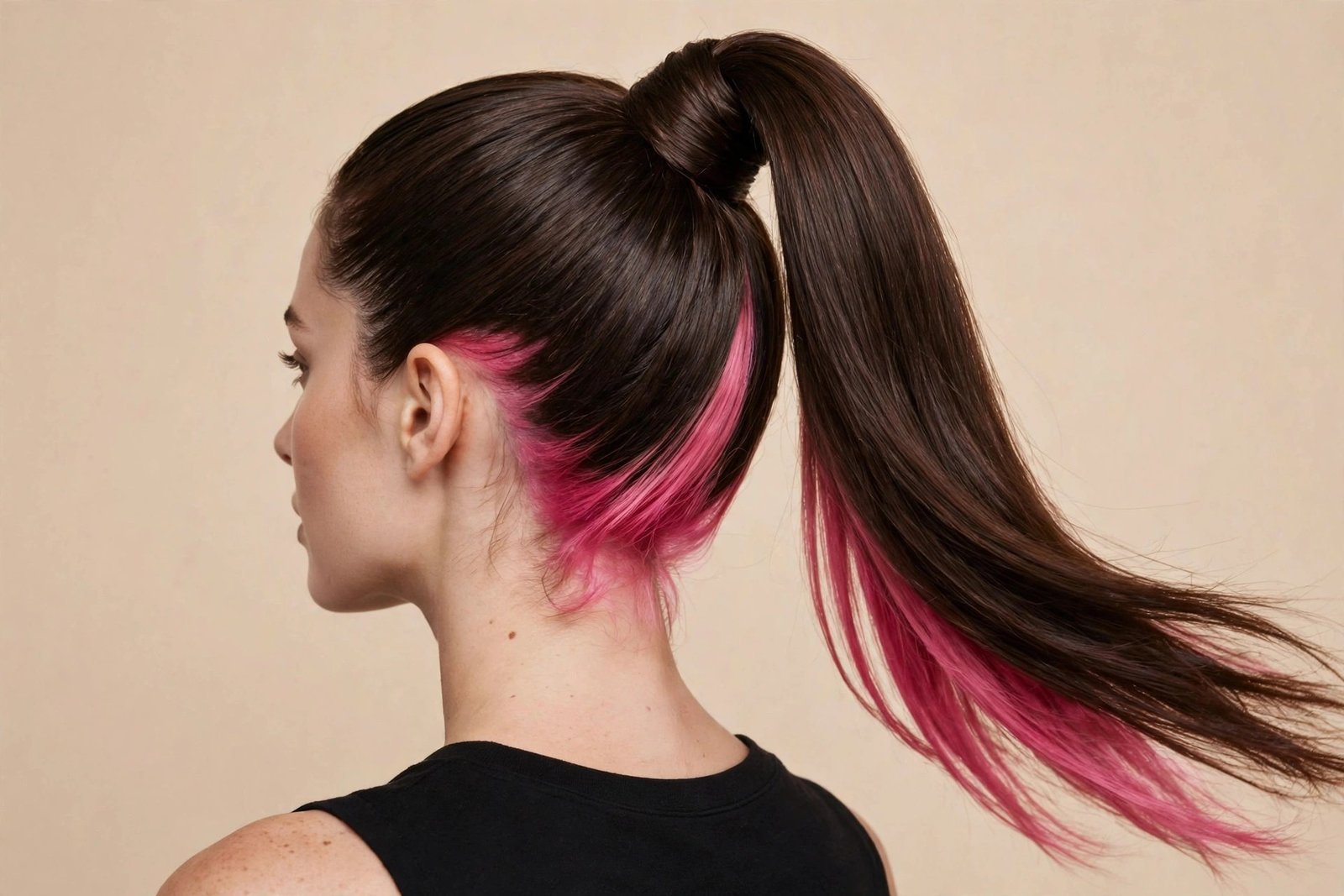 High ponytail revealing pink peekaboo underlayer