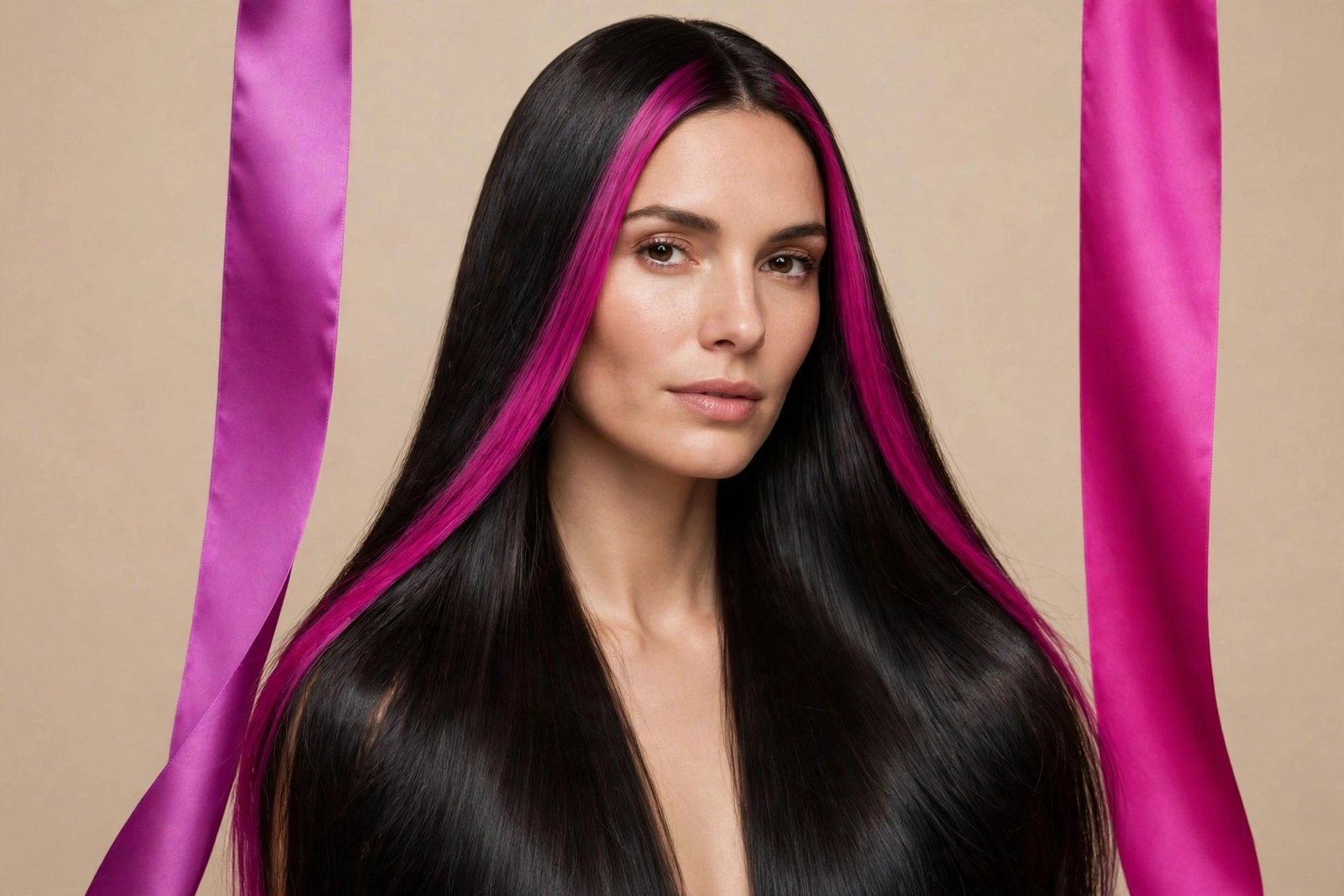 Black hair with vivid magenta money pieces framing the face