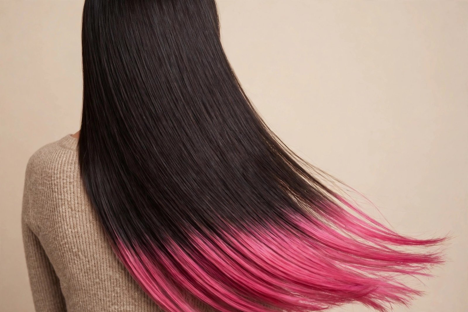 Long straight dark hair with pink dip-dye ends