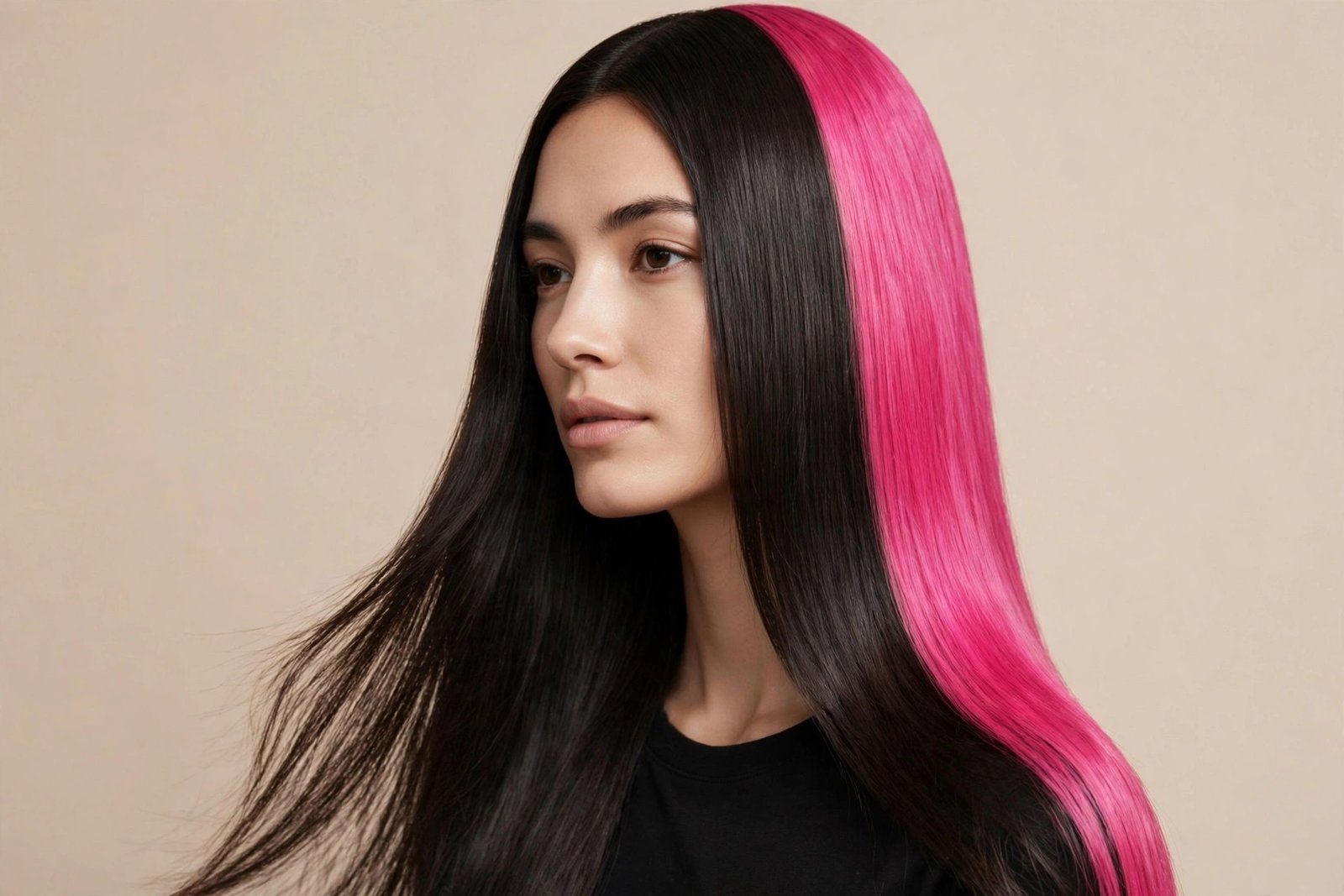 Dark hair with one bold wide statement pink panel at the side