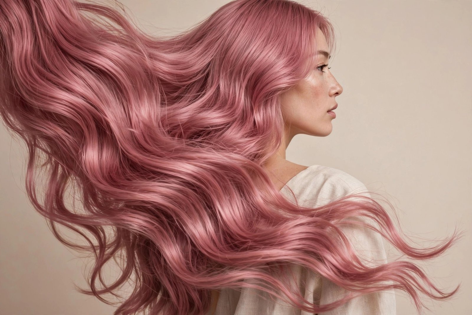 Woman with glossy dusty rose pink wavy hair looking healthy and vibrant