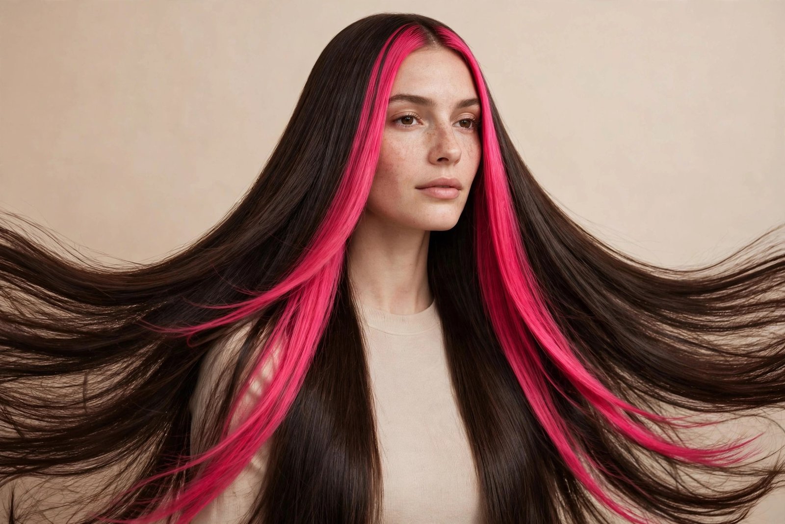 Woman with long dark brown hair and bold hot pink face-framing stripes