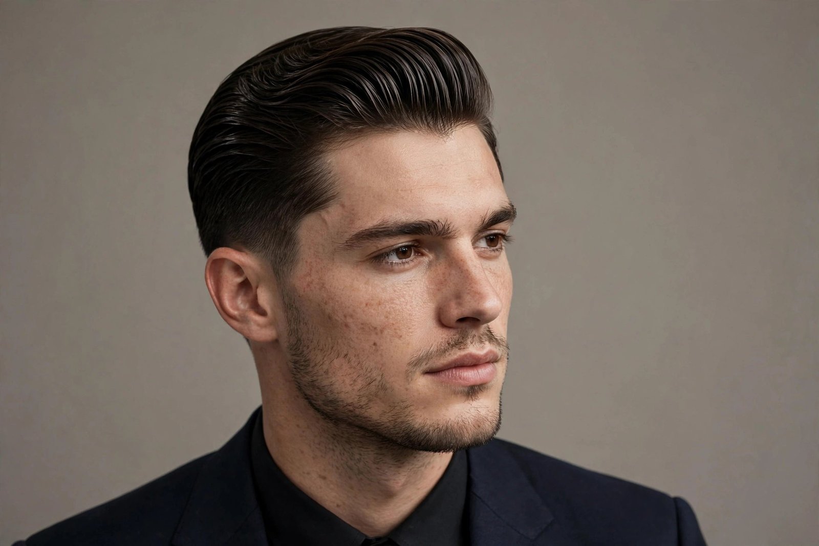 Classic slicked-back prom hairstyle for men, polished formal look with shine