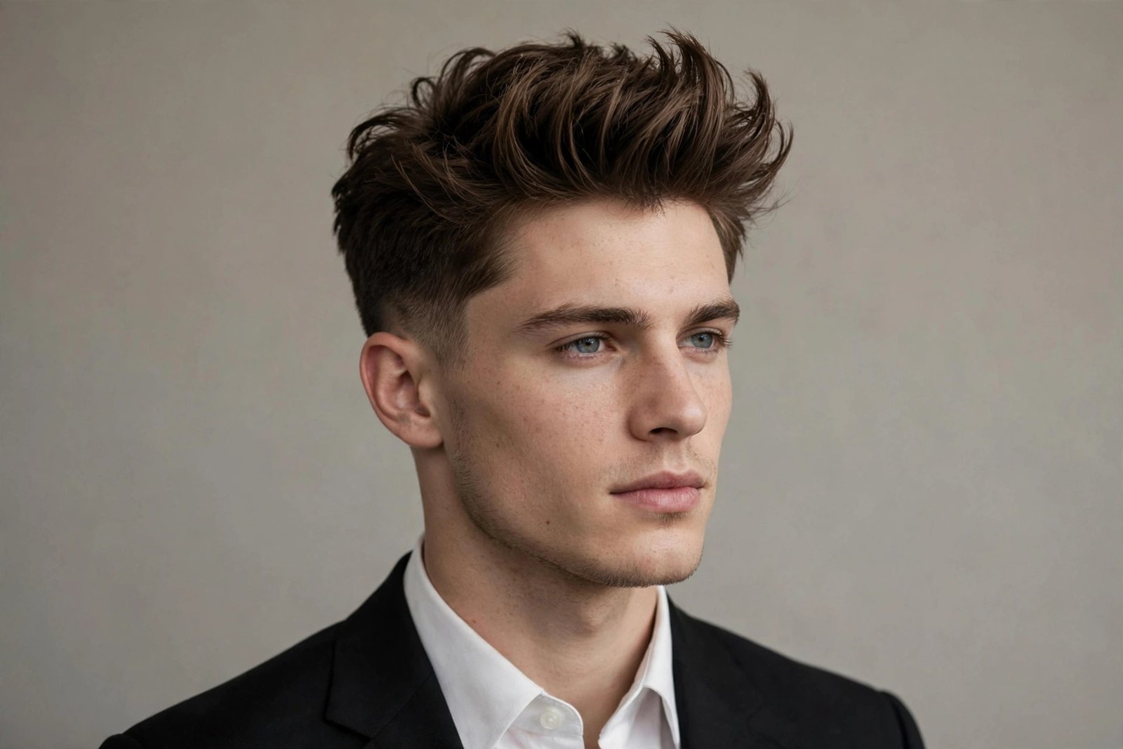 Textured quiff prom hairstyle for men, voluminous swept-up front with clean sides