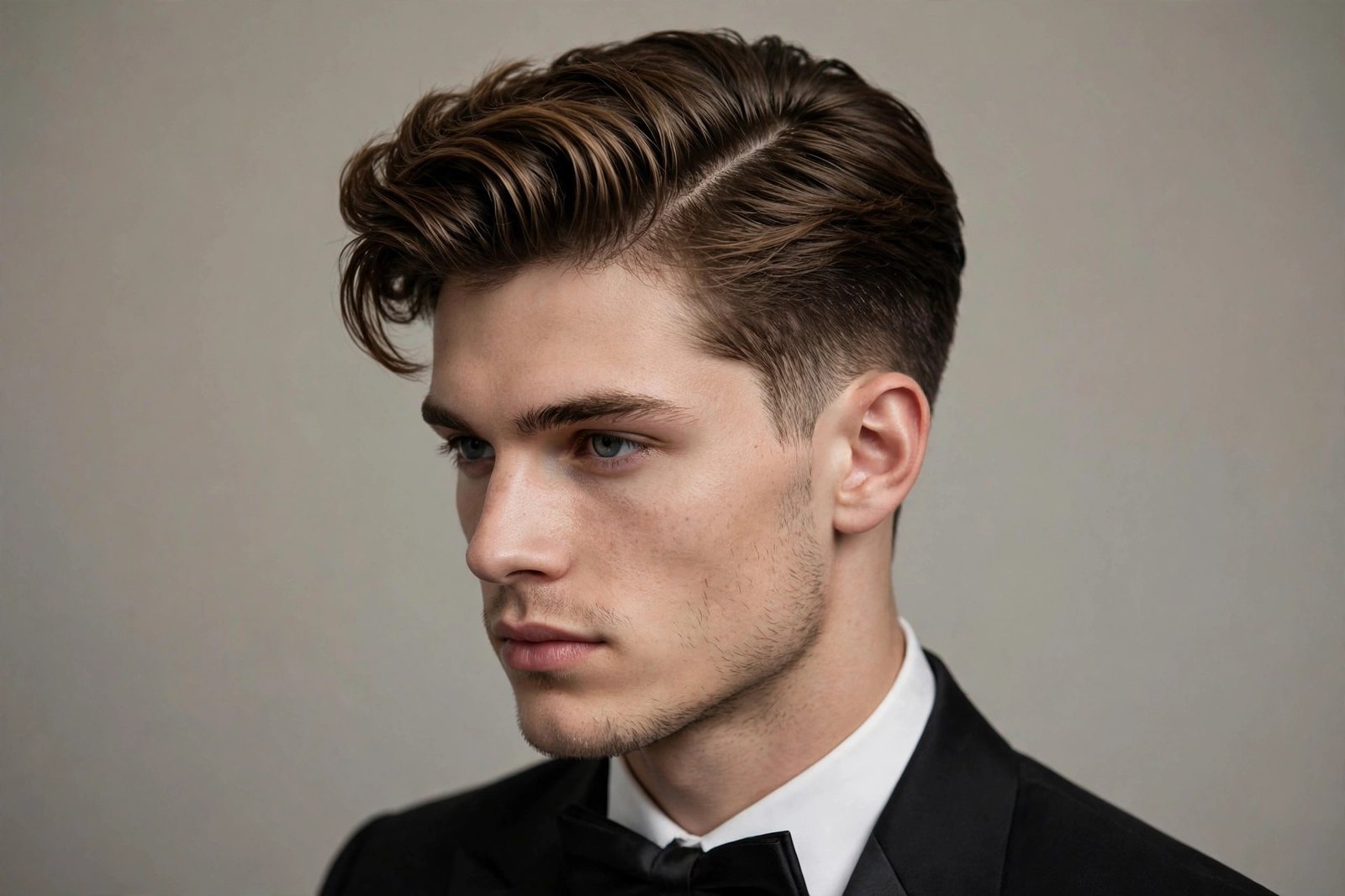 Sharp side part prom hairstyle for men, clean classic formal haircut