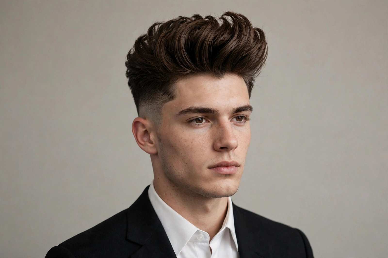 Modern pompadour prom hairstyle for men, voluminous swept-back top with tapered sides