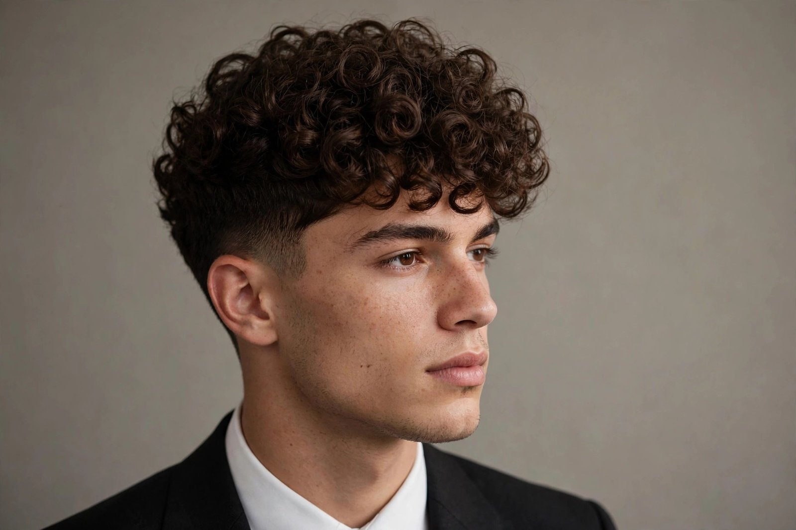 Defined curly prom hairstyle for men, shaped curls with clean tapered sides
