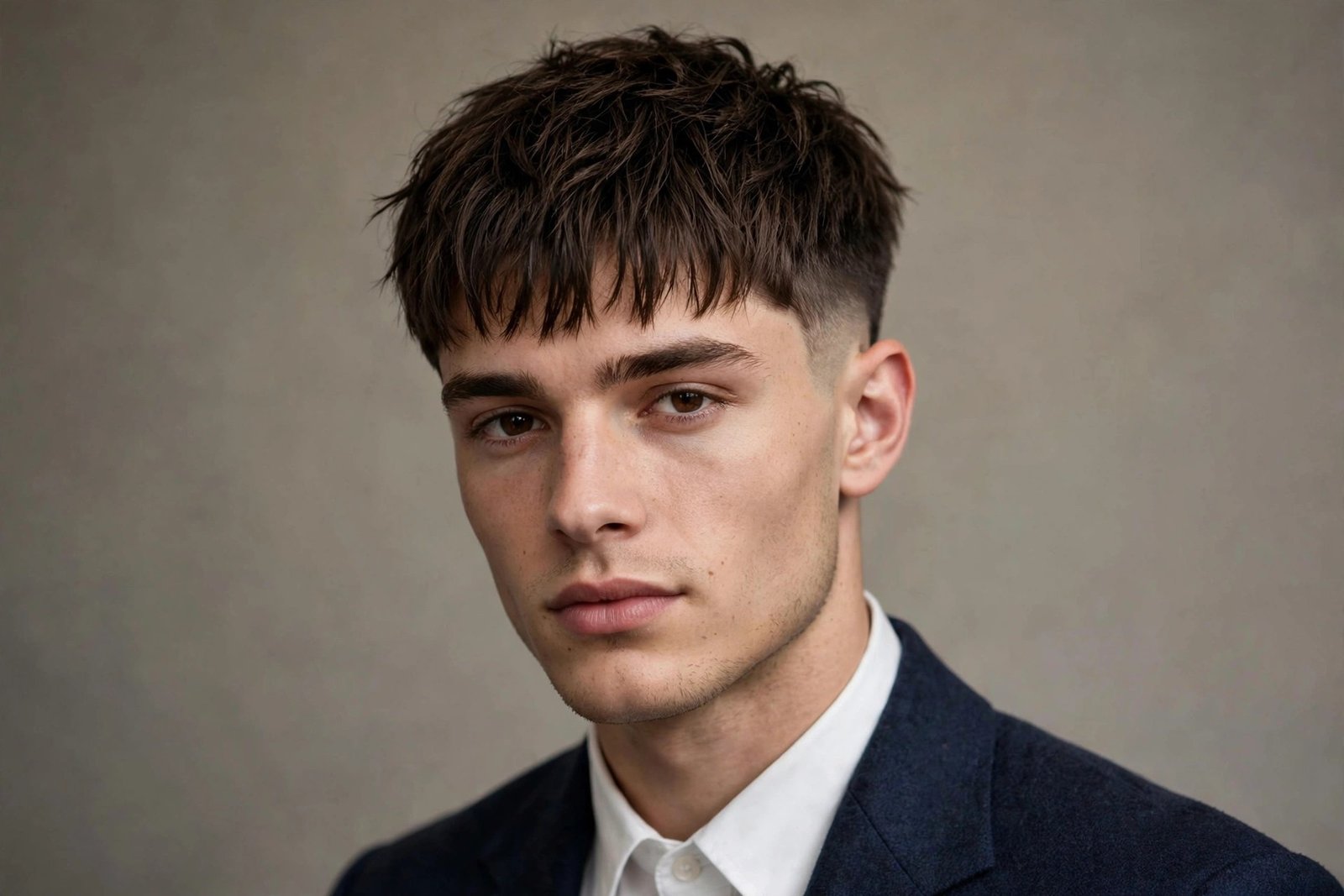 French crop prom hairstyle for men, textured fringe with faded sides