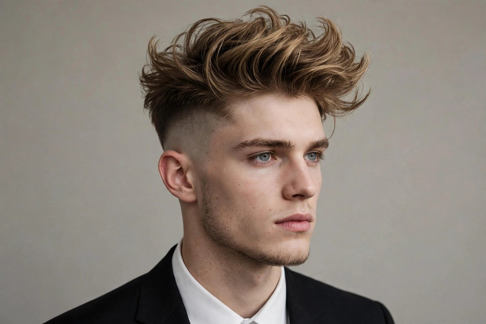 Undercut prom hairstyle for men, voluminous textured top with disconnected short sides