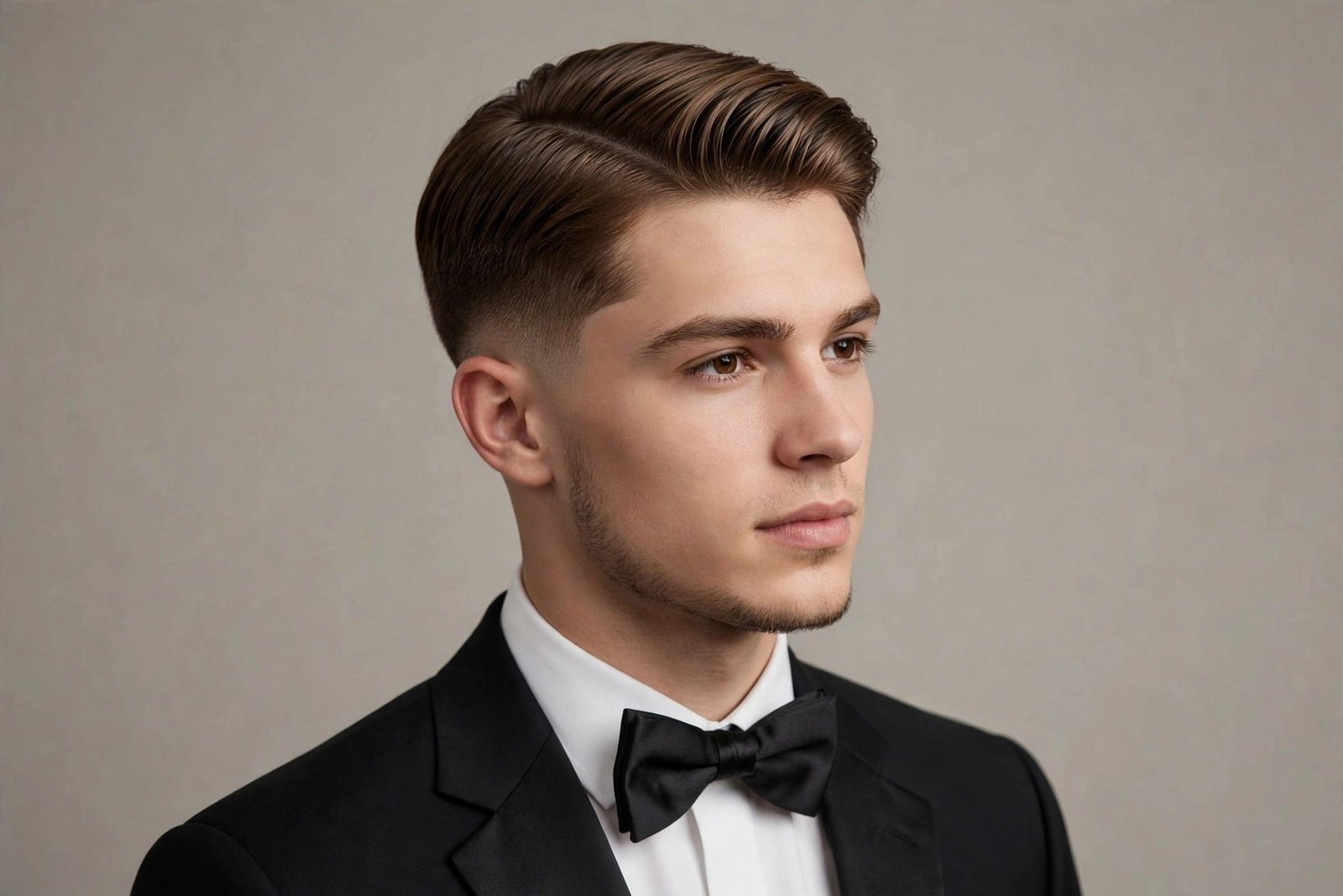 Ivy League prom hairstyle for men, neat side-swept top with tapered sides