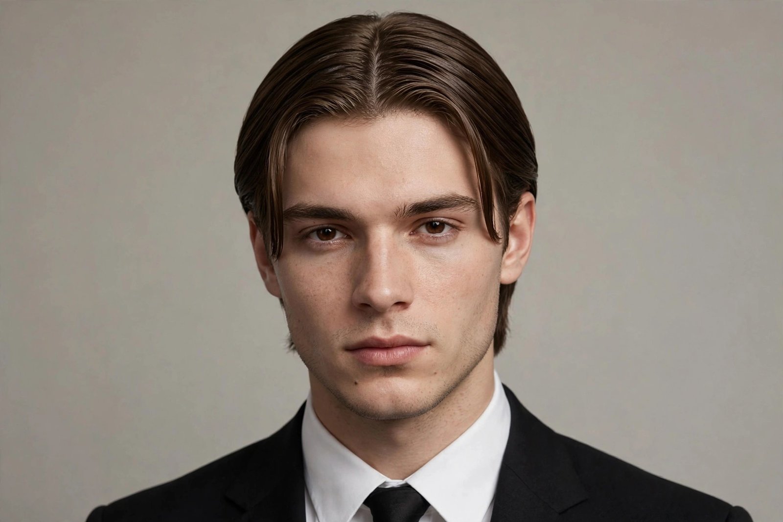 Middle part prom hairstyle for men, sleek center-parted hair with polished finish