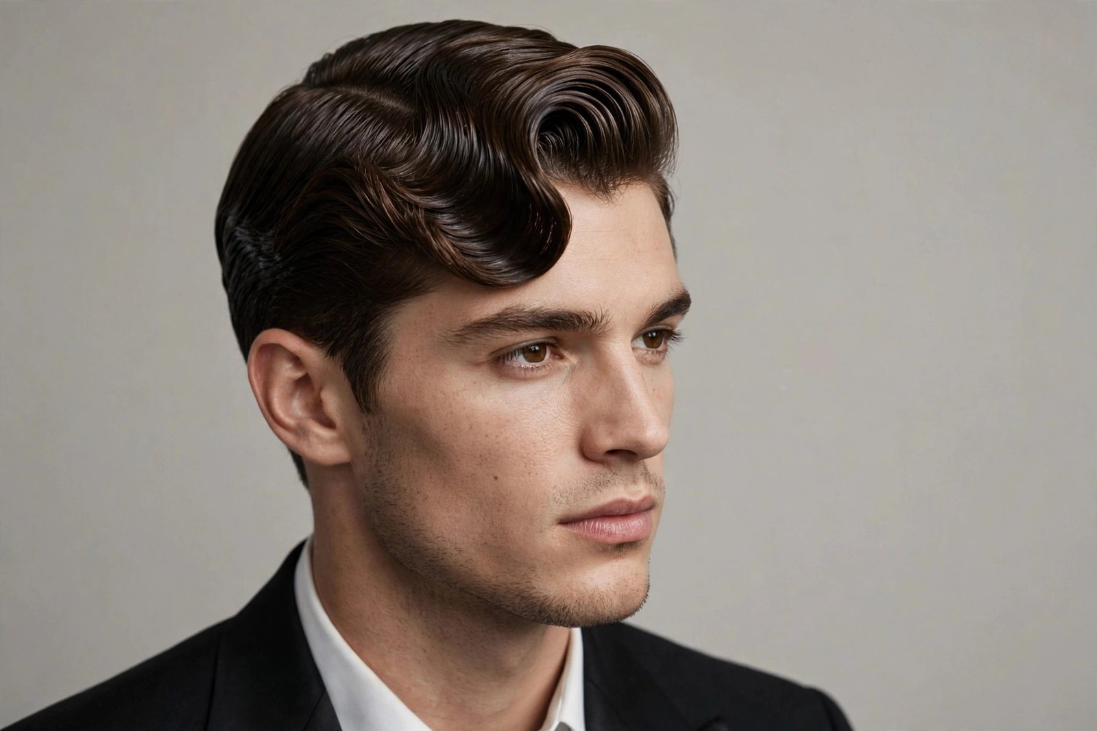Old Hollywood side sweep prom hairstyle for men, glossy vintage-inspired formal hair