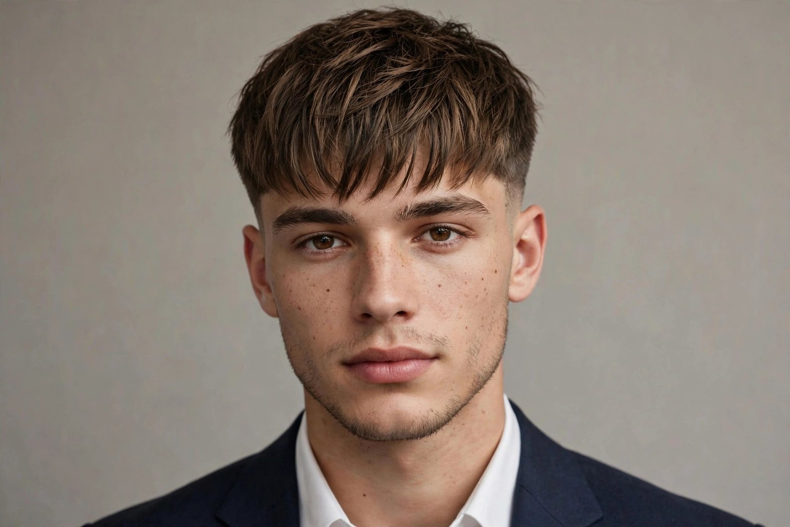 Textured fringe forward prom hairstyle for men, modern forward-styled fringe with volume